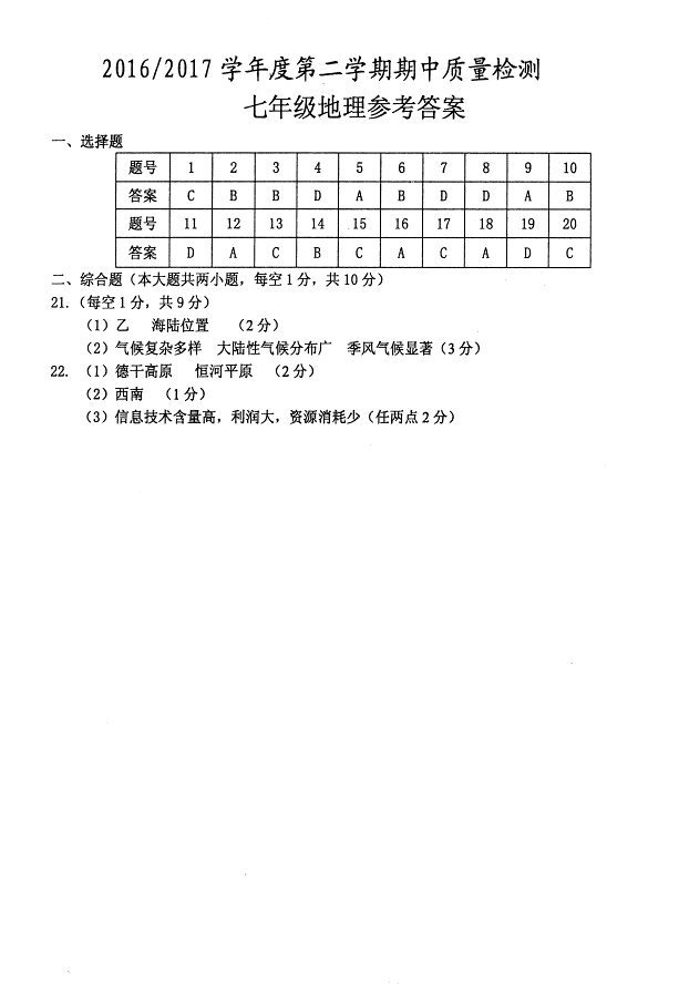 2017七年级地理期中试卷及参考答案（盐城市盐都区）