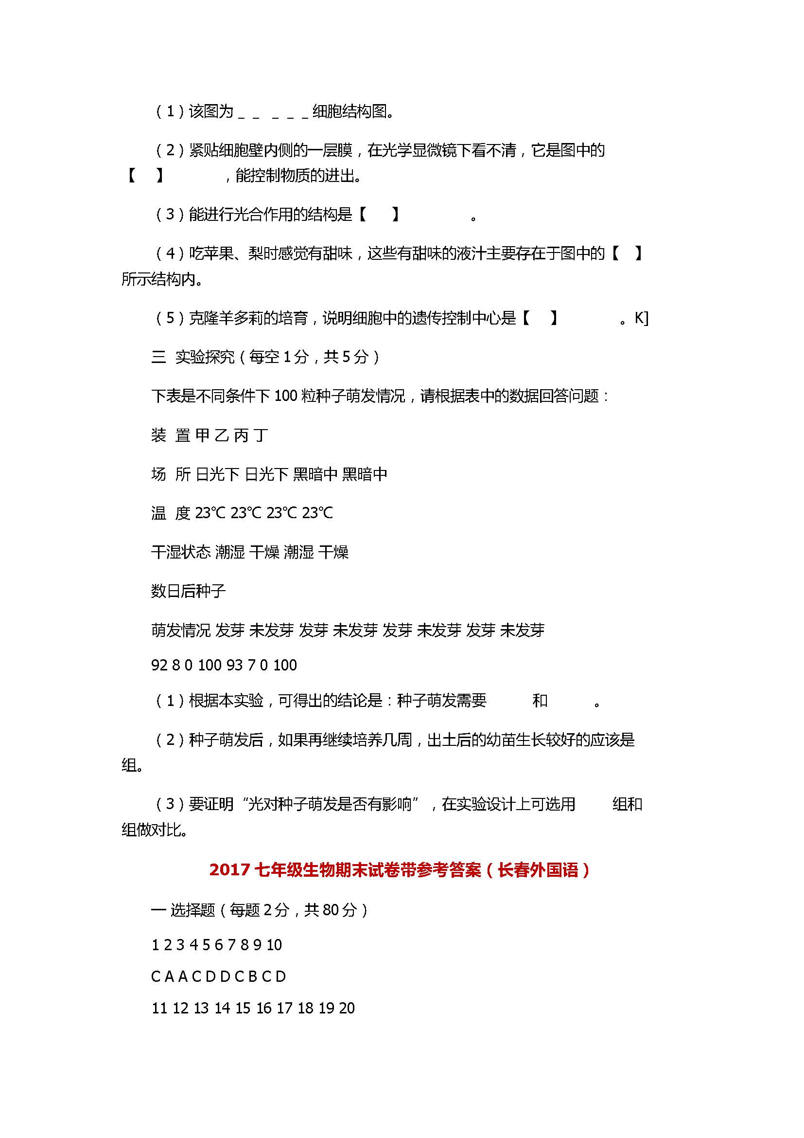 2017七年级生物期末试卷带参考答案（长春外国语）