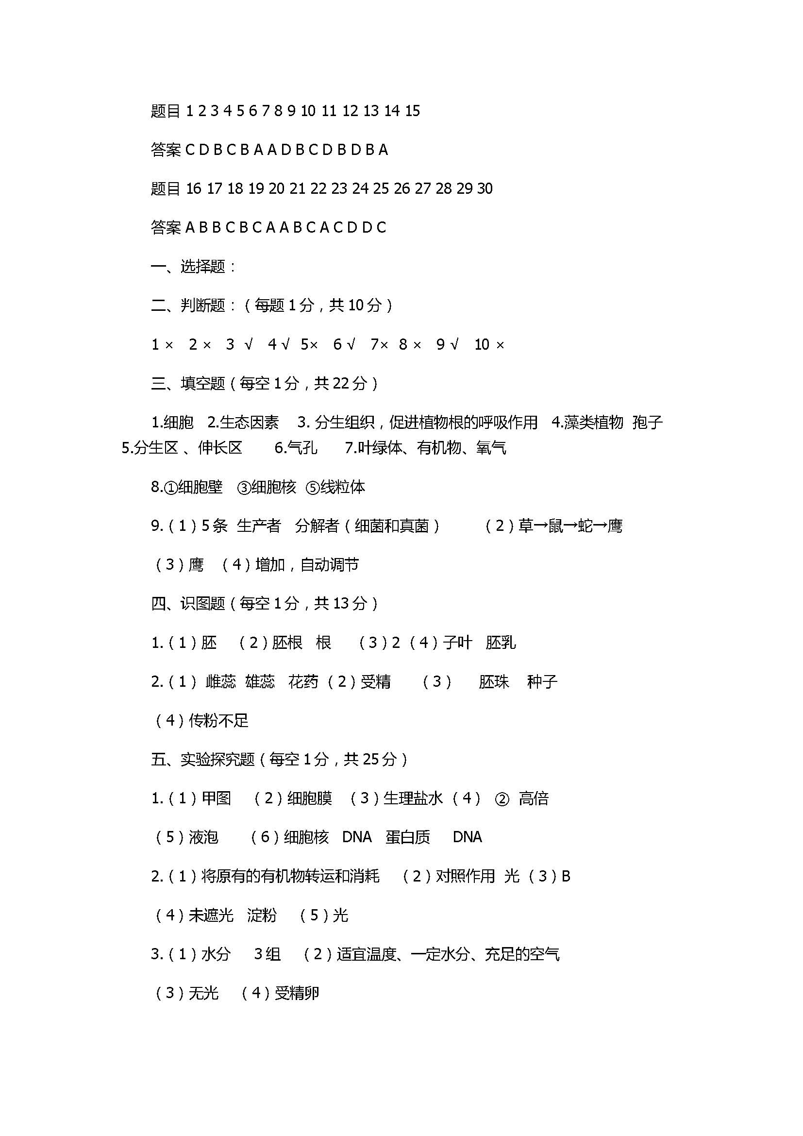 2017七年级生物期末试卷附参考答案（满洲里市）