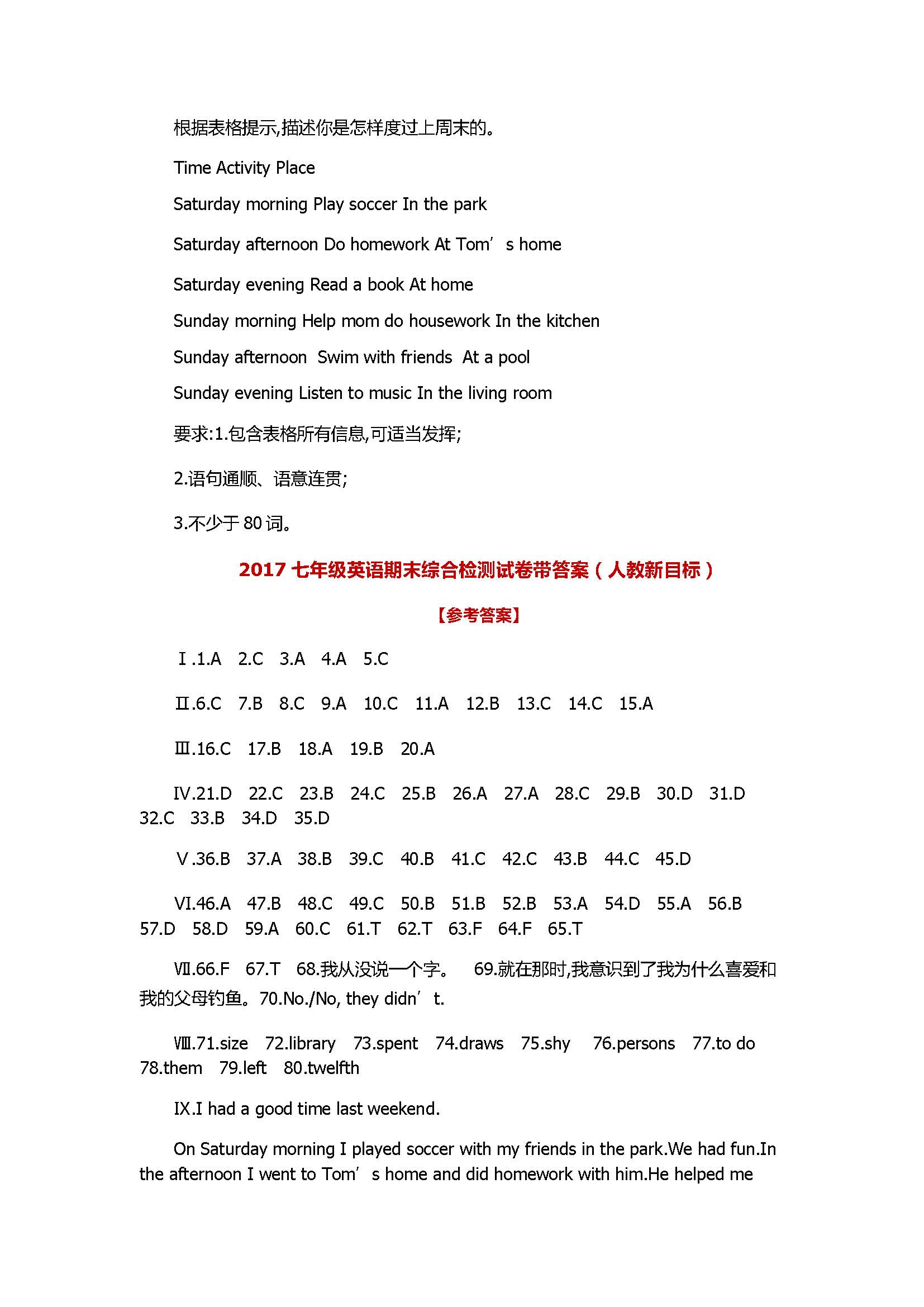 2017七年级英语期末综合检测试卷带答案（人教新目标）