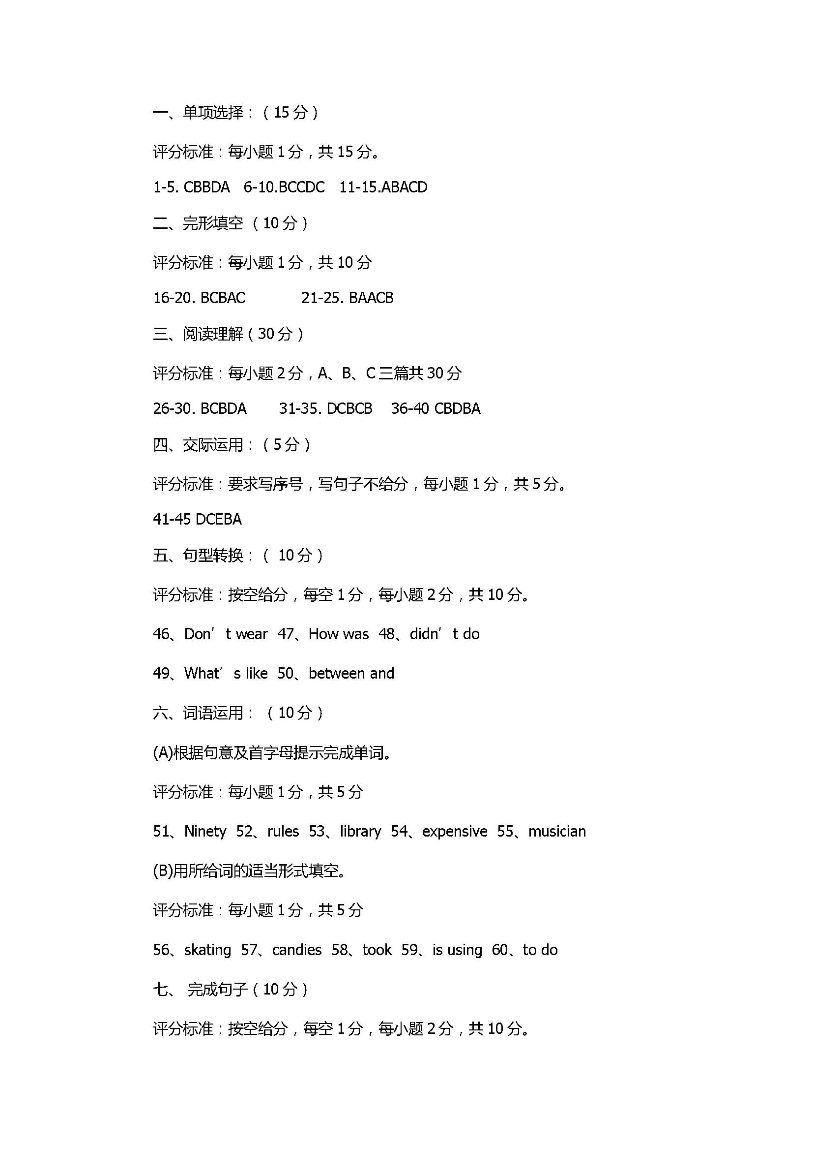 2017初一年级英语期末质量检测试卷及参考答案