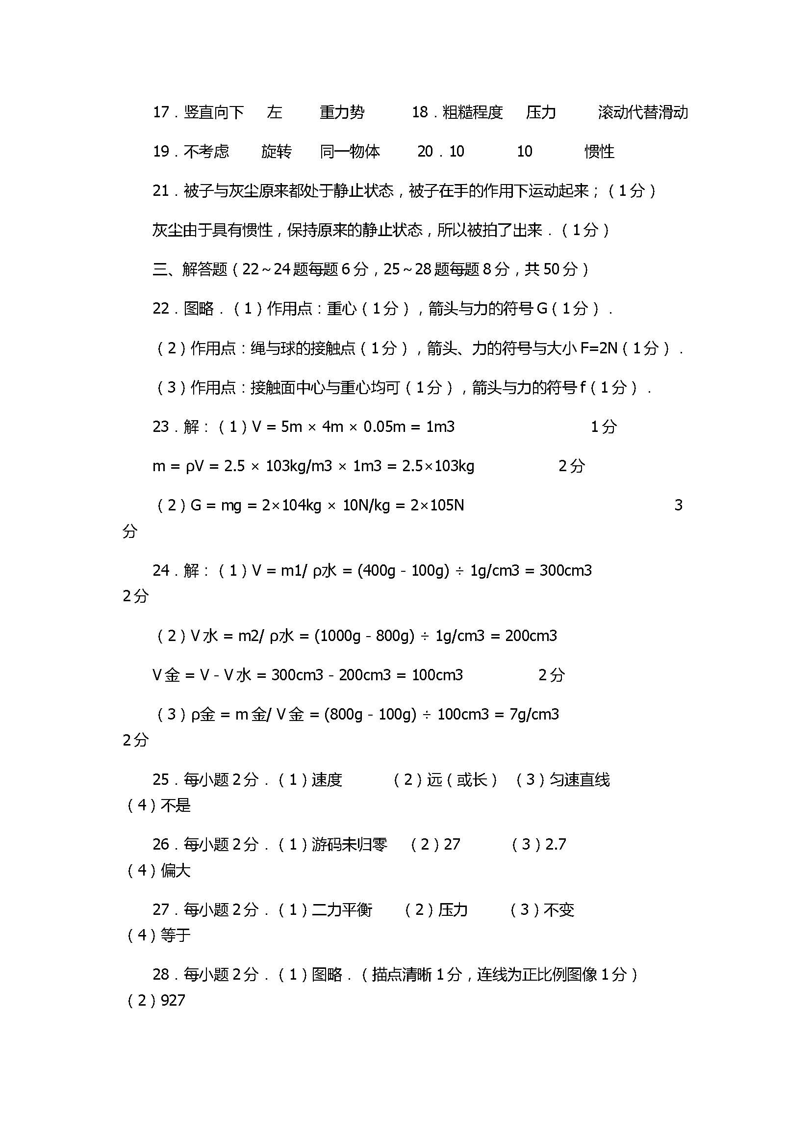 2017八年级物理下册期中试卷附参考答案（徐州市）