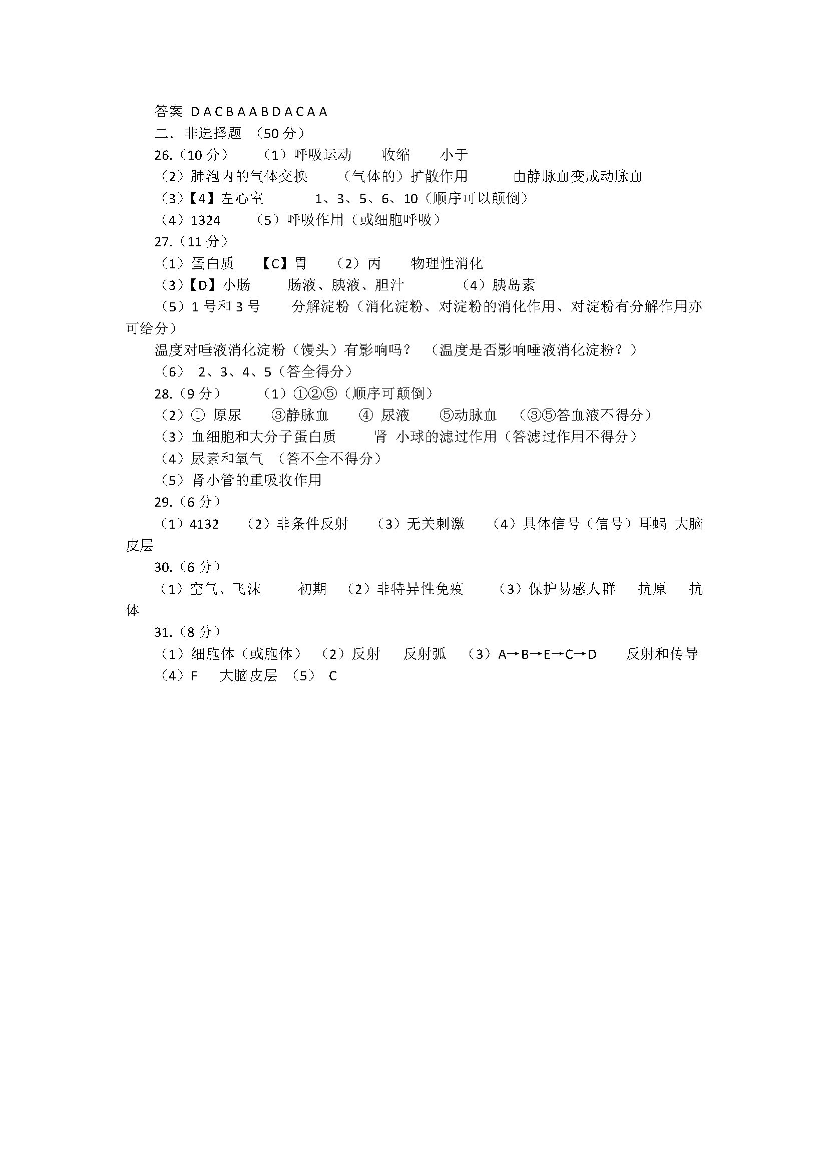 新人教版2018七年级生物下册期末试题含答案（济南市历城区）