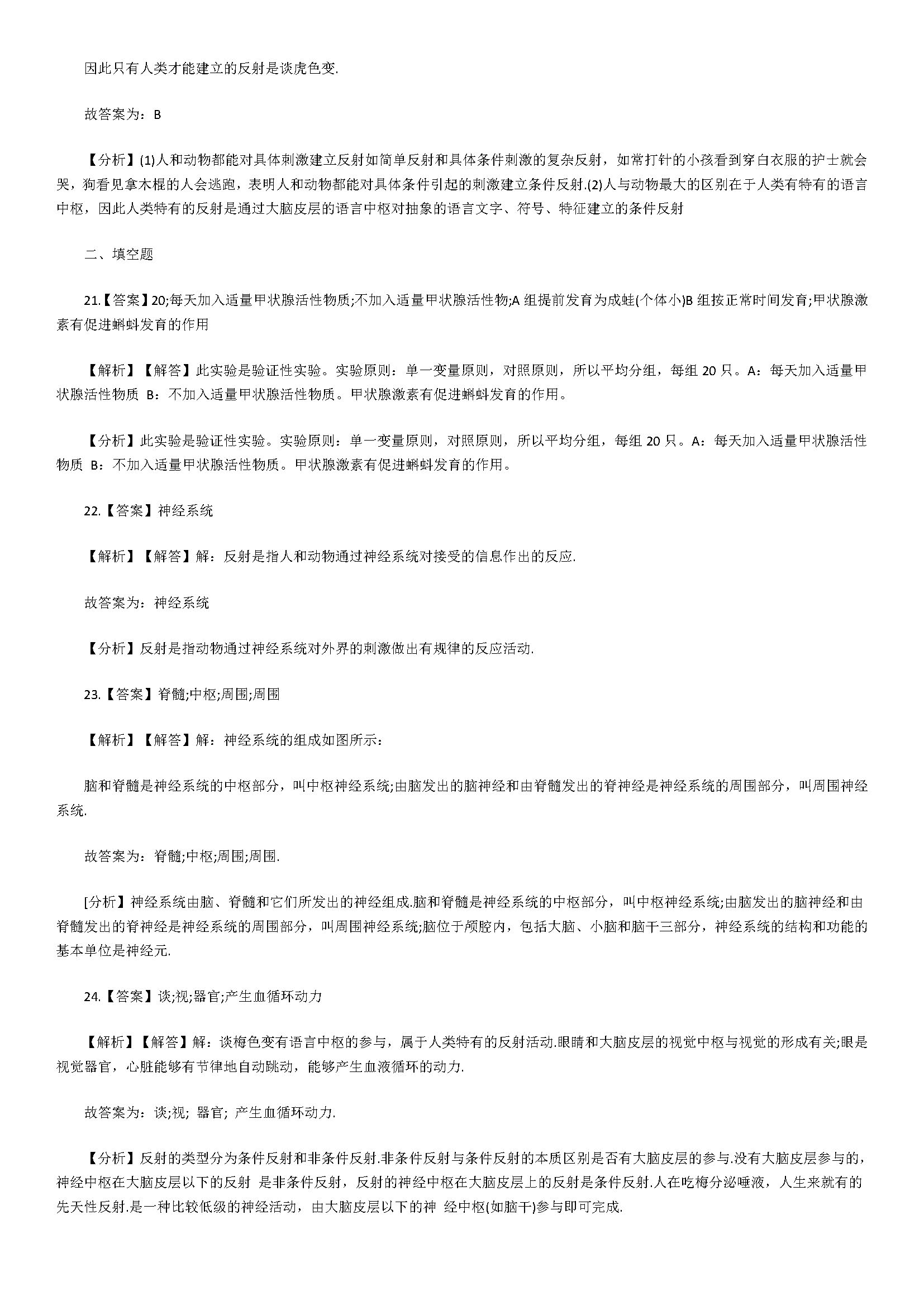 2018初一年级生物下册同步试题附解析（人体生命活动的调节）