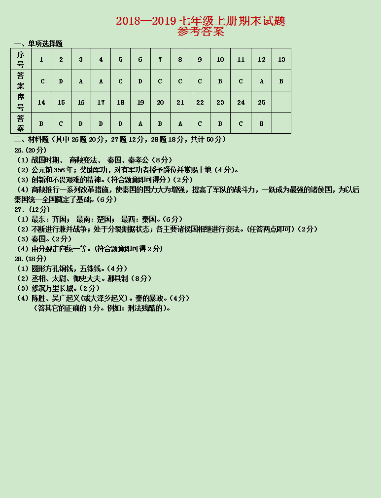 辽宁鞍山市2018-2019七年级历史上册期末试题附答案