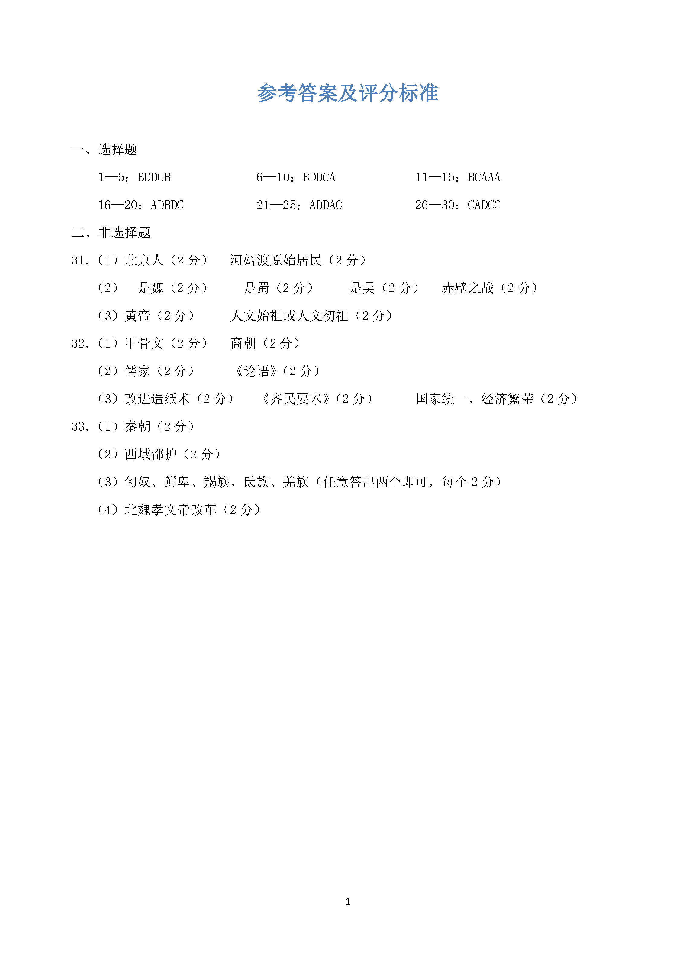 四川省岳池县2018-2019七年级历史上册期末试题附答案