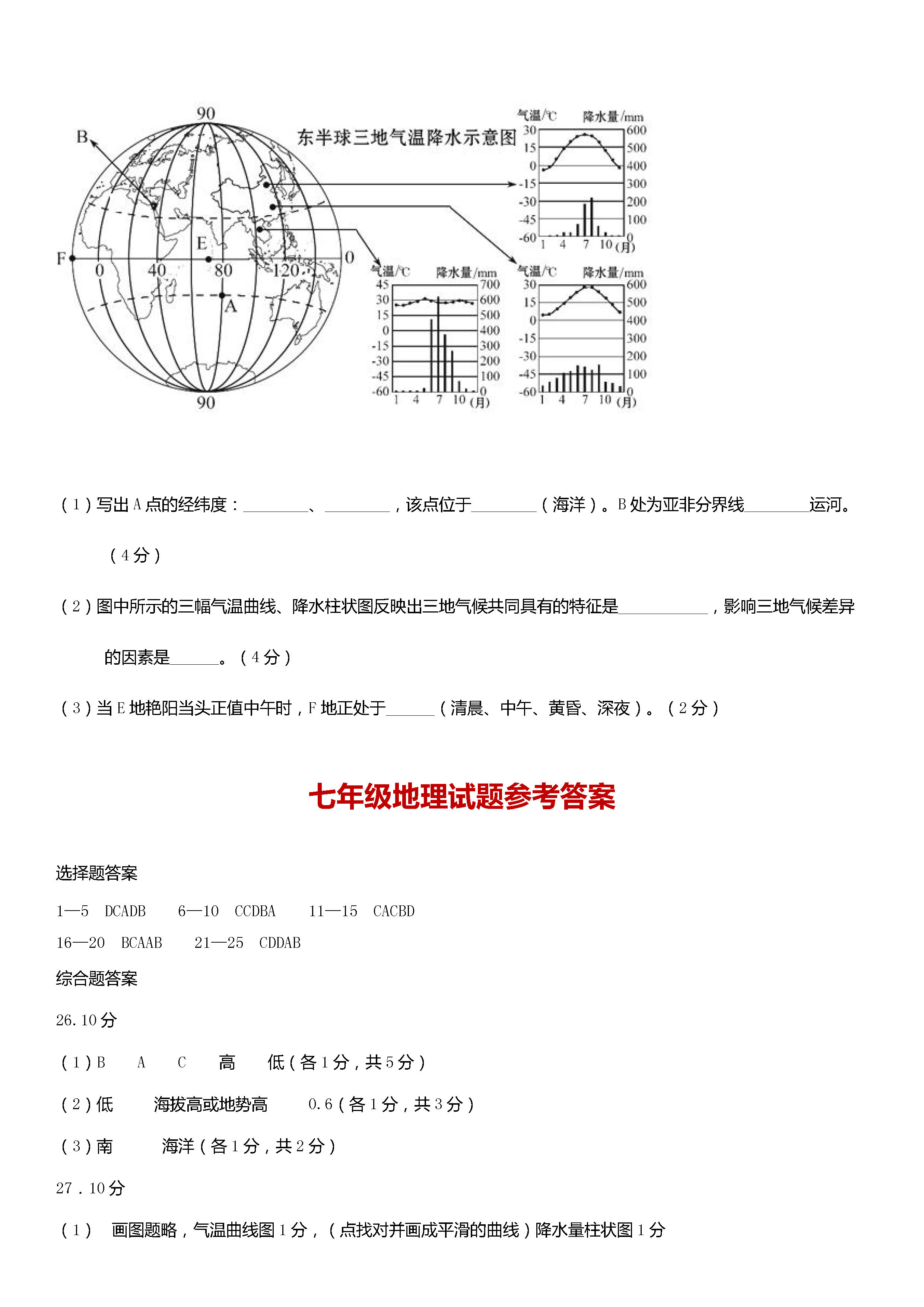 济南历城区2018-2019七年级地理上册期末试题附答案