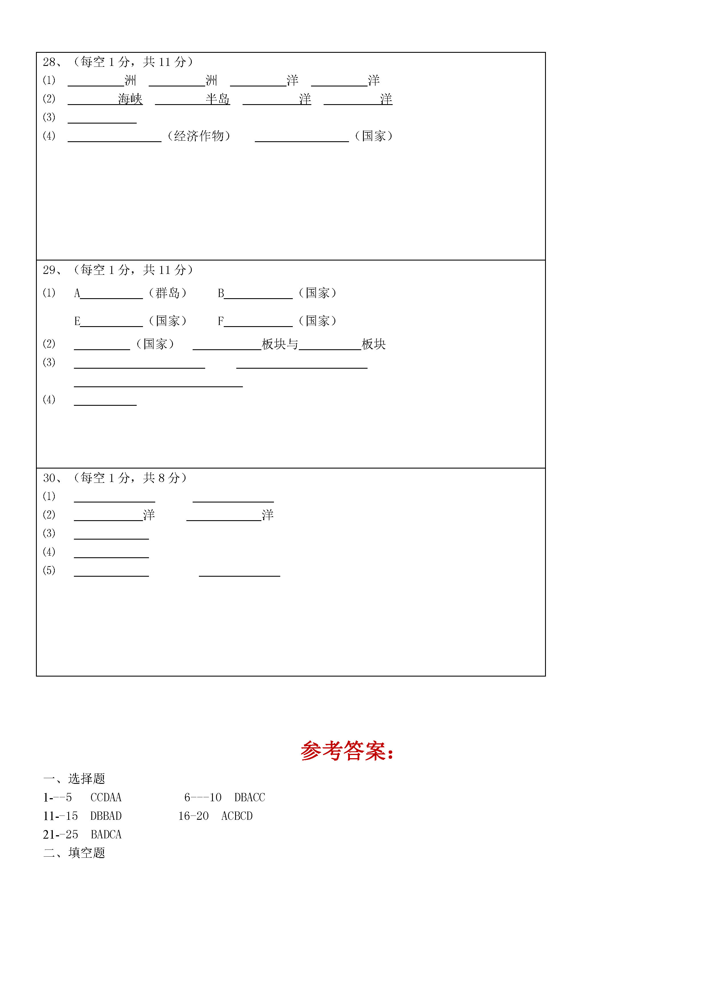 2018-2019初一年级上册地理期末试题附答案（新人教版）