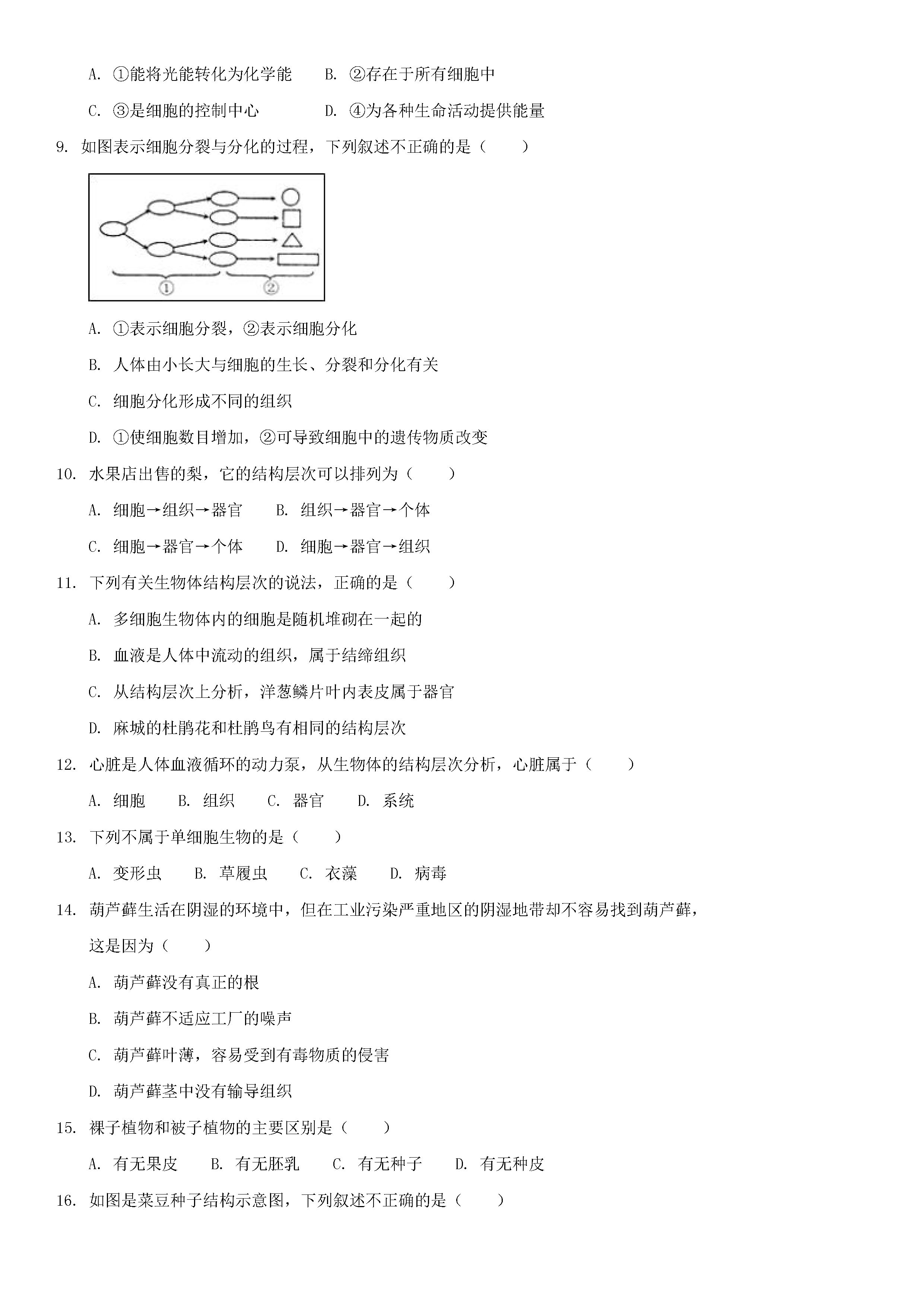 人教版2018-2019七年级生物上册期末测试题附答案