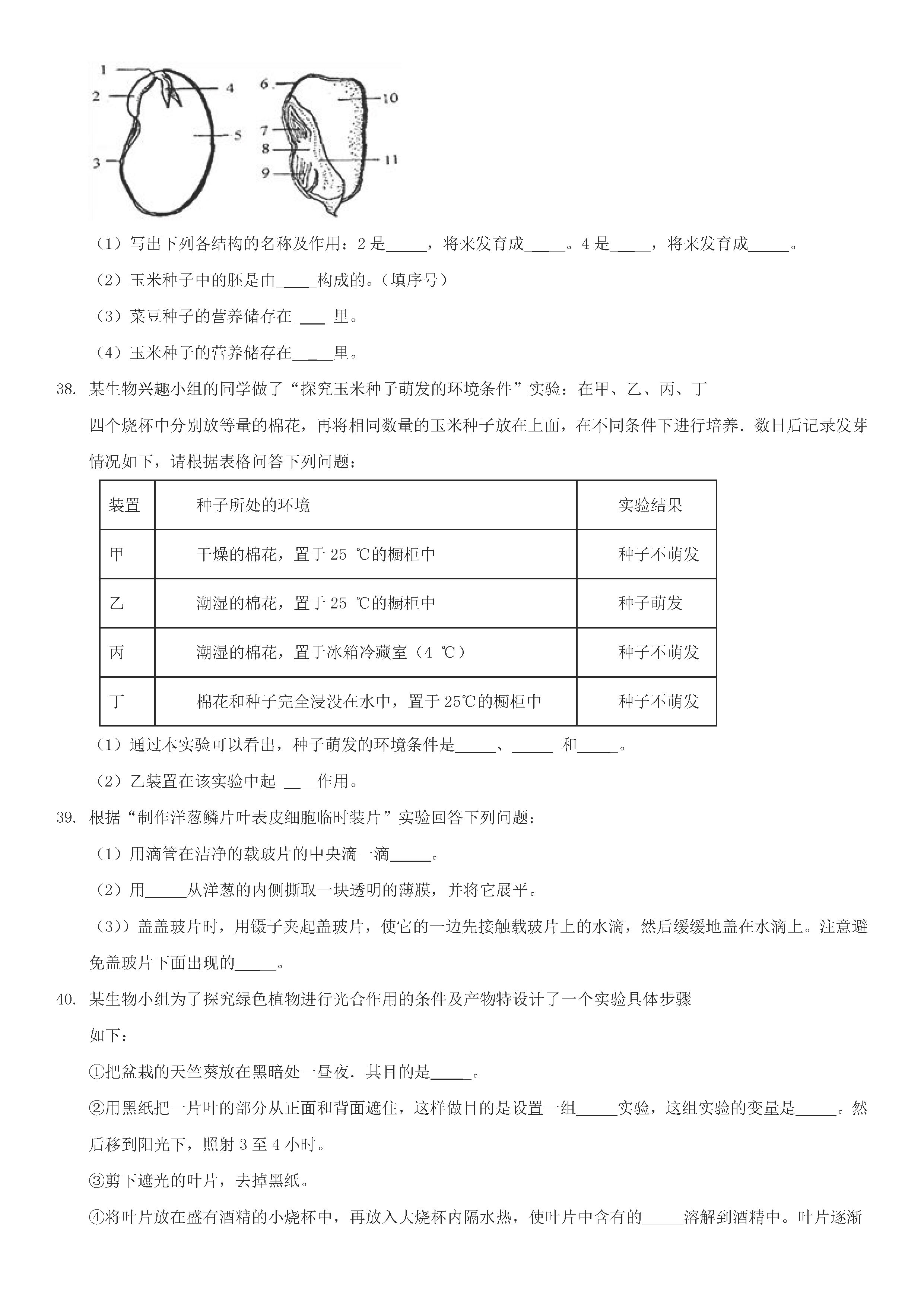 人教版2018-2019初一年级生物上册期末测试题附答案