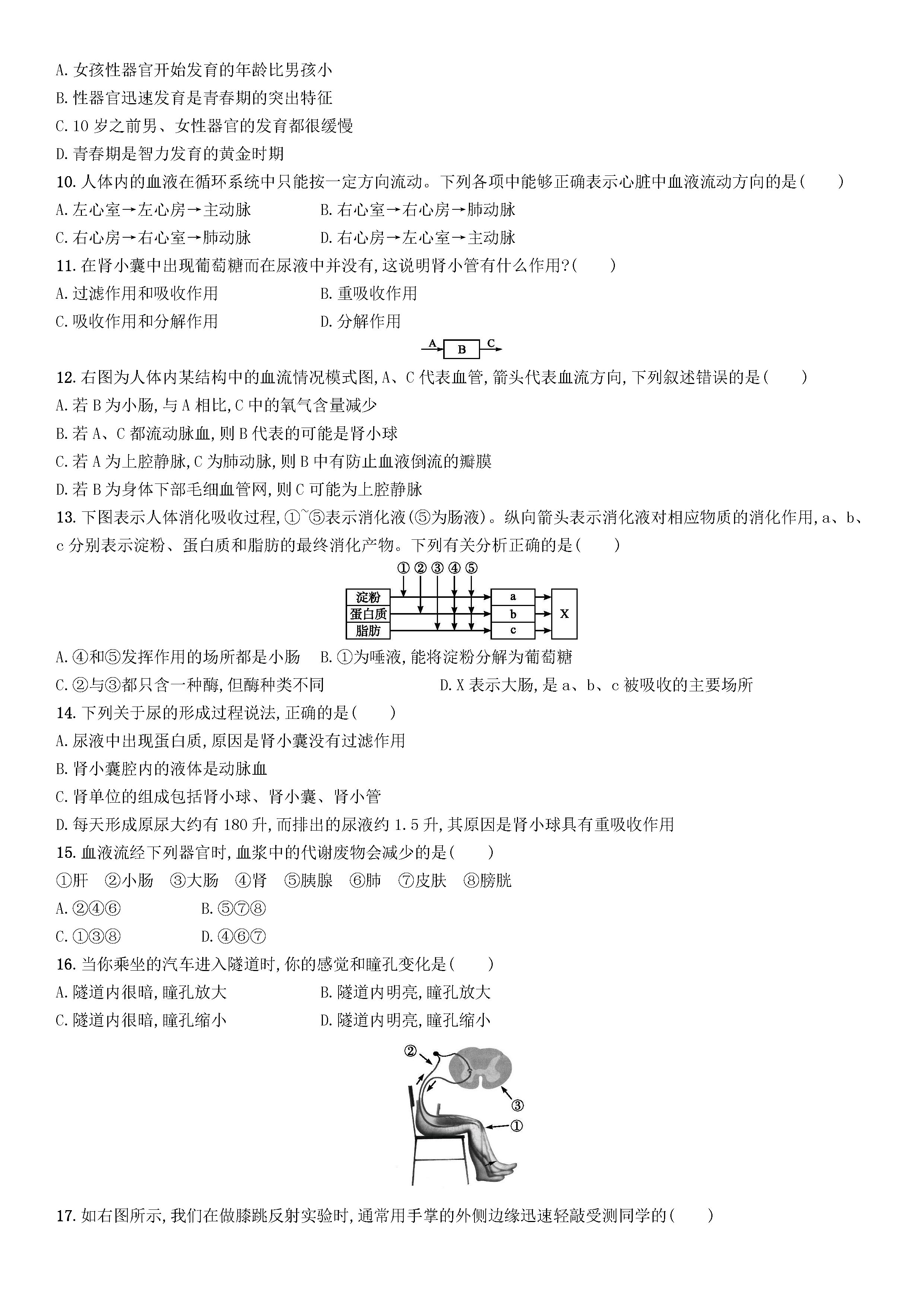 新人教版2018-2019七年级生物下册期末测试题附答案