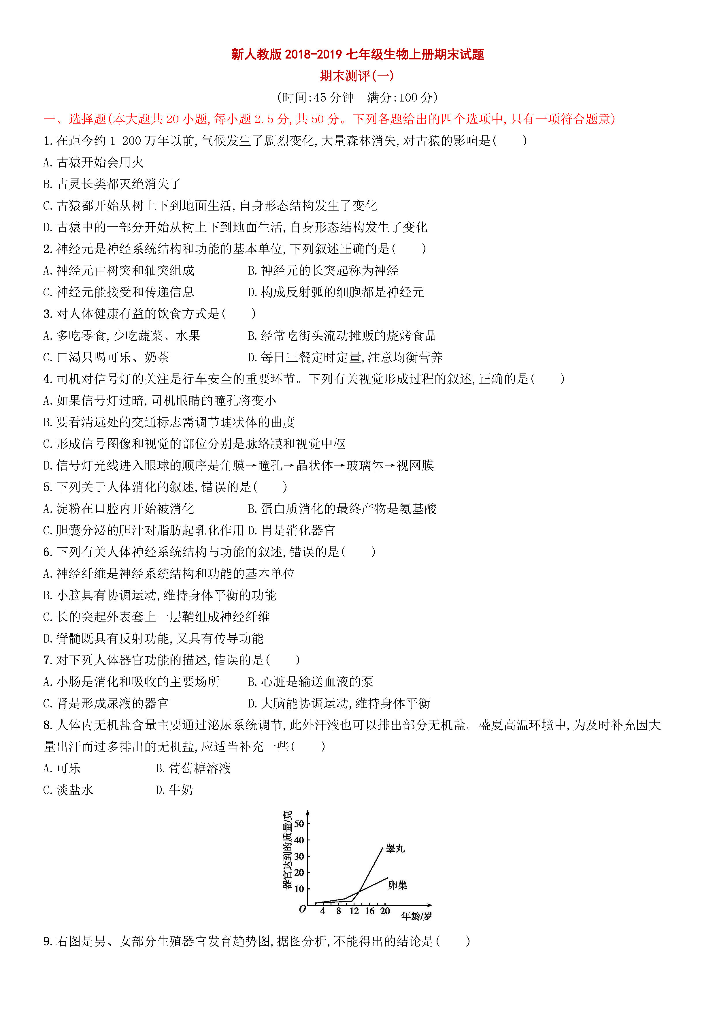 新人教版2018-2019七年级生物下册期末测试题附答案