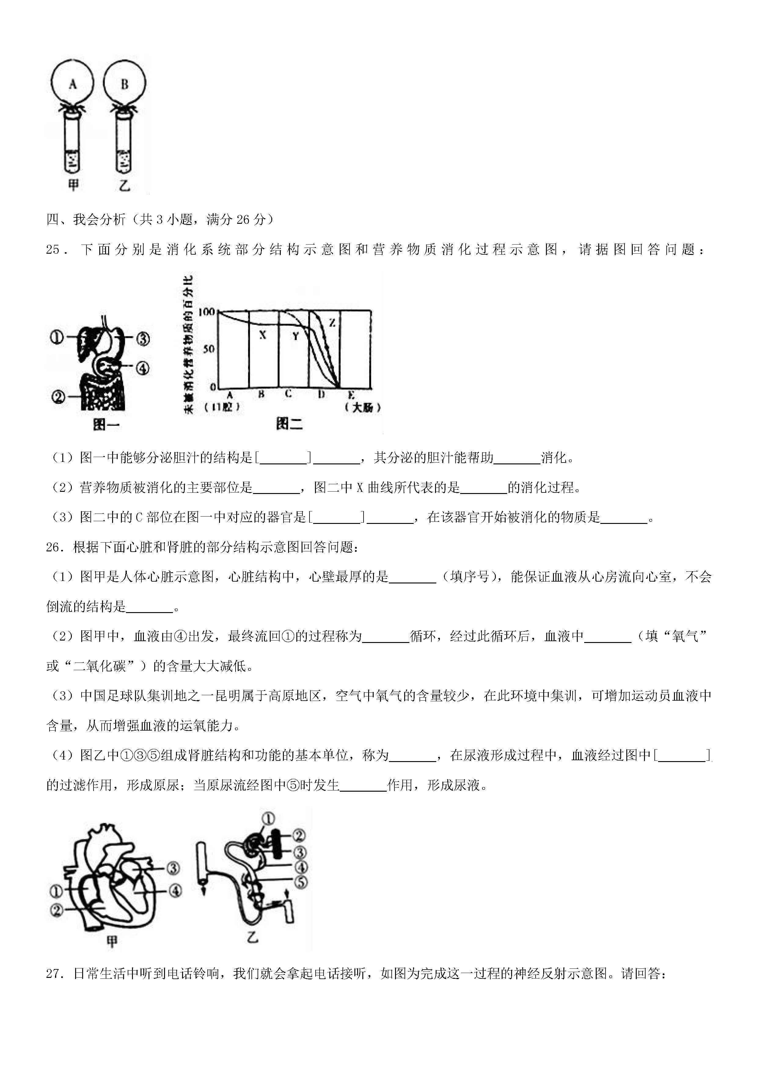 2018-2019初一年级生物下册期末测试题附答案（人教版）