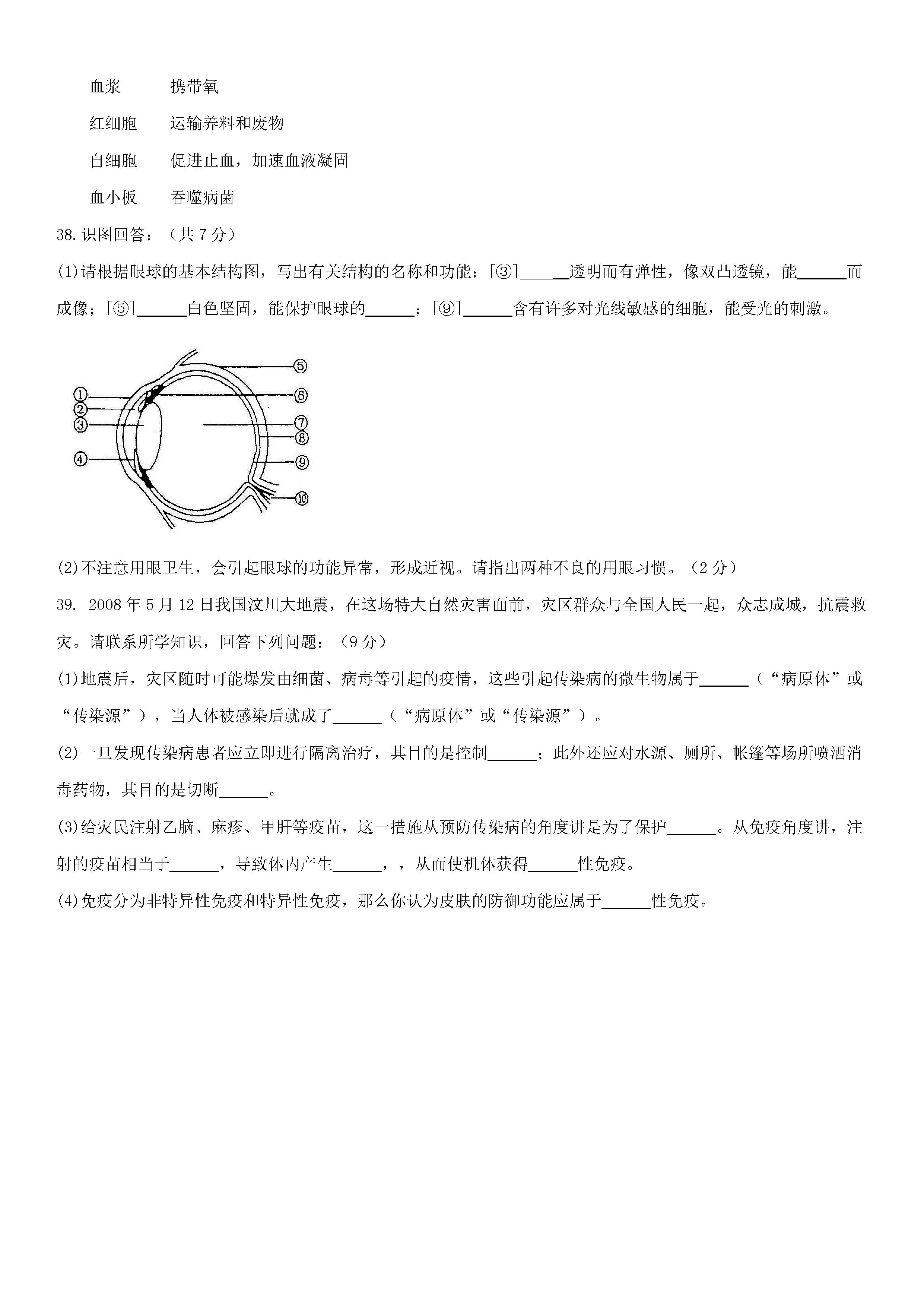 海南省三亚市2018-2019七年级生物下册期末试题含答案