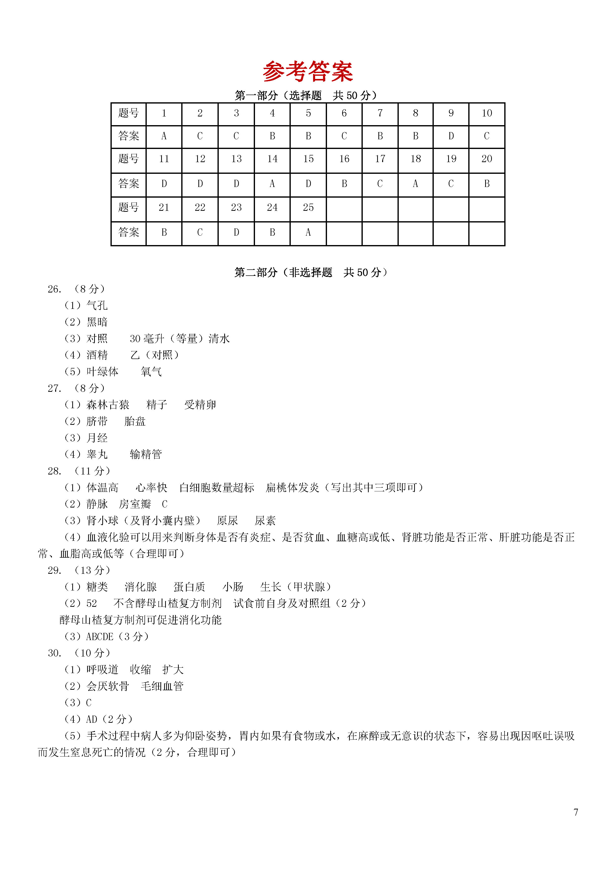 北京东城区2018-2019七年级生物下册期末测试题含答案