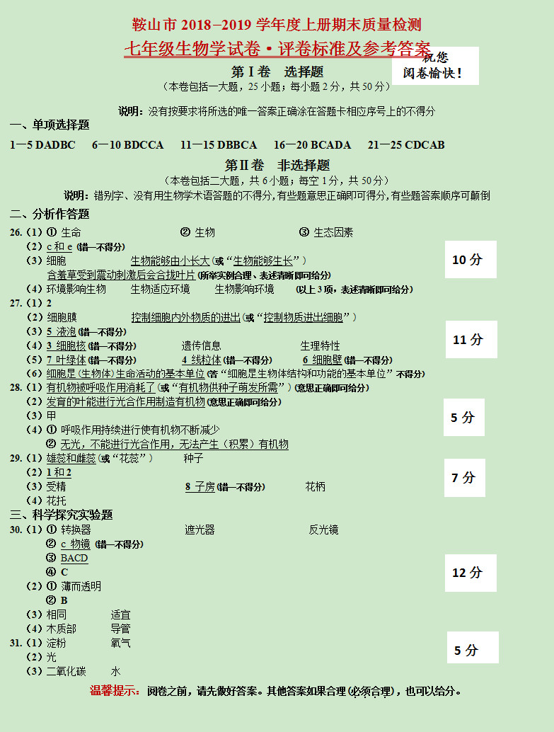 鞍山市2018-2019初一年级生物上册期末测试题含答案