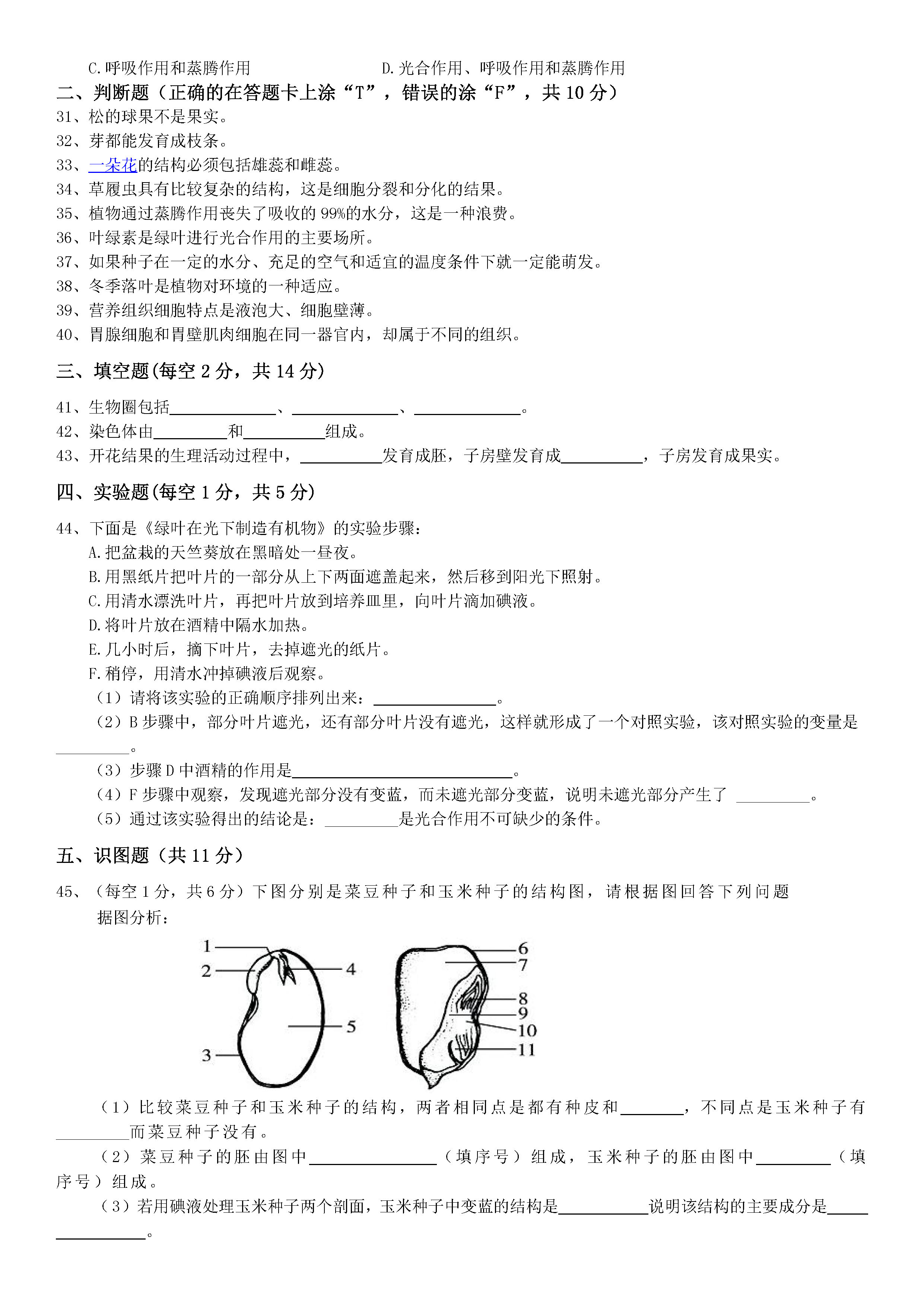 新人教版2018-2019七年级生物上册期末测试题含答案