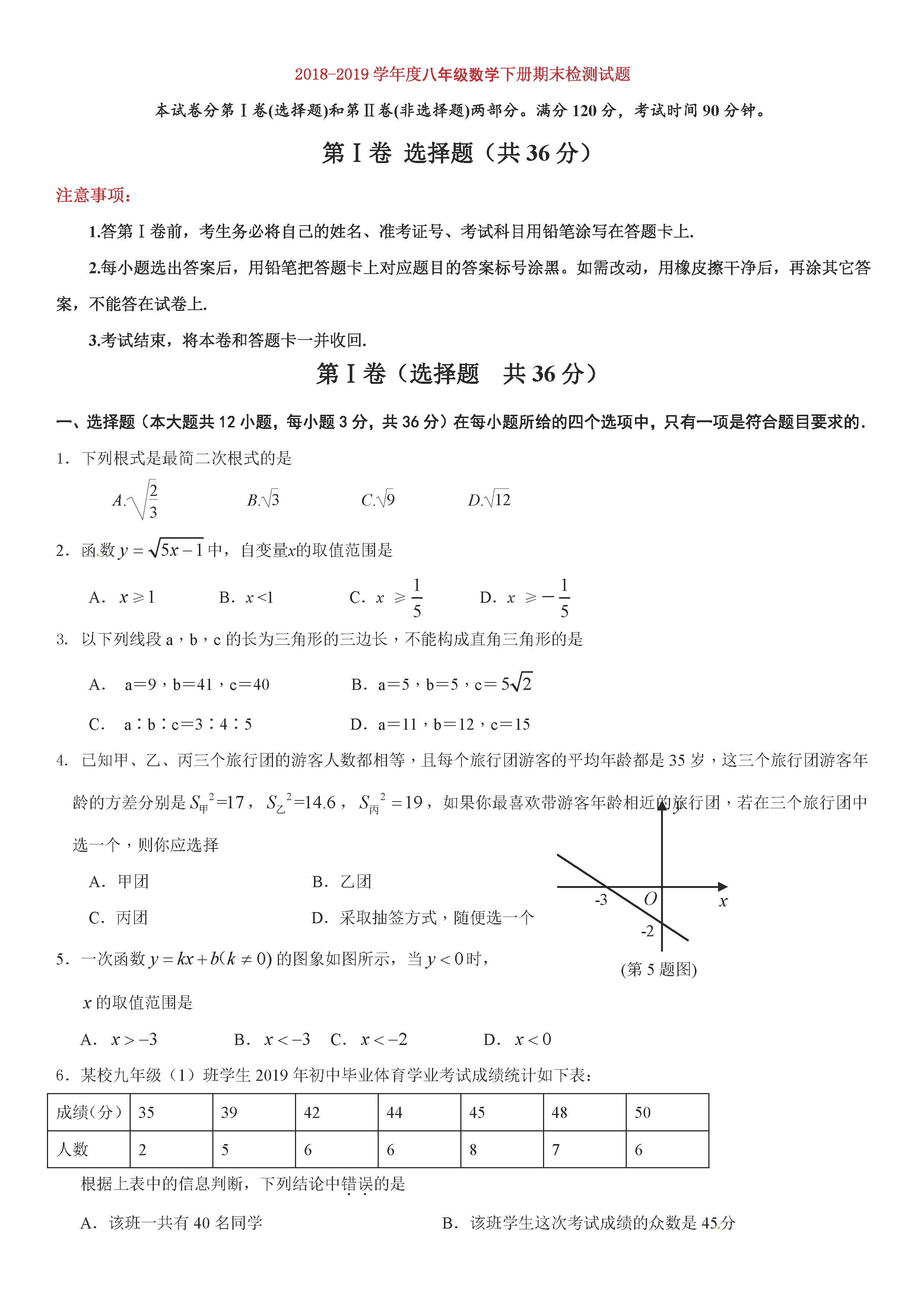 临沂市蒙阴县2018-2019八年级数学下册期末测试题附答案