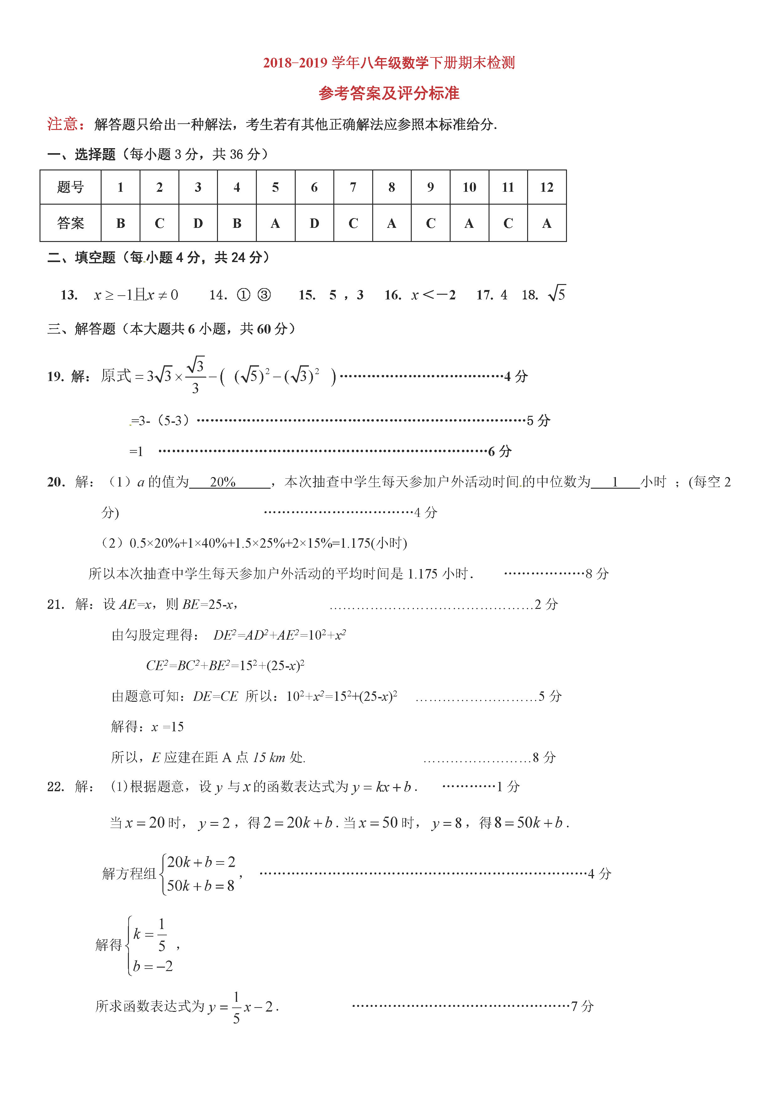 临沂市蒙阴县2018-2019八年级数学下册期末测试题附答案