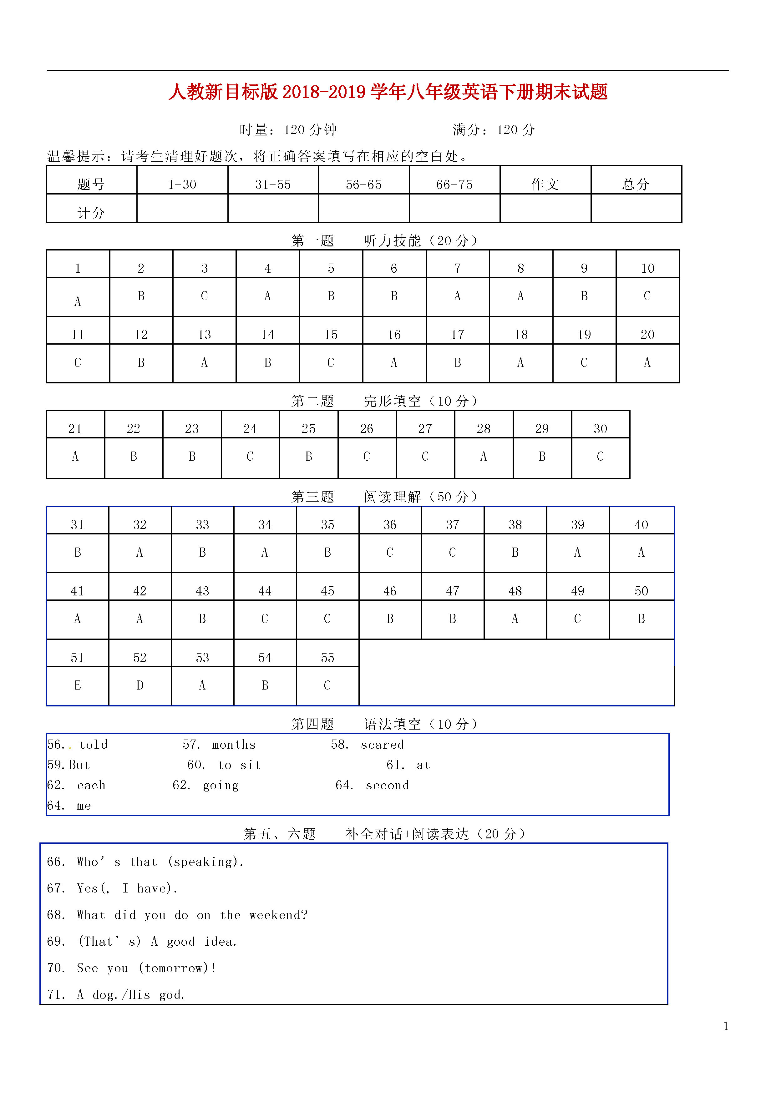 人教新目标版2018-2019初二年级下册英语期末测试题含答案