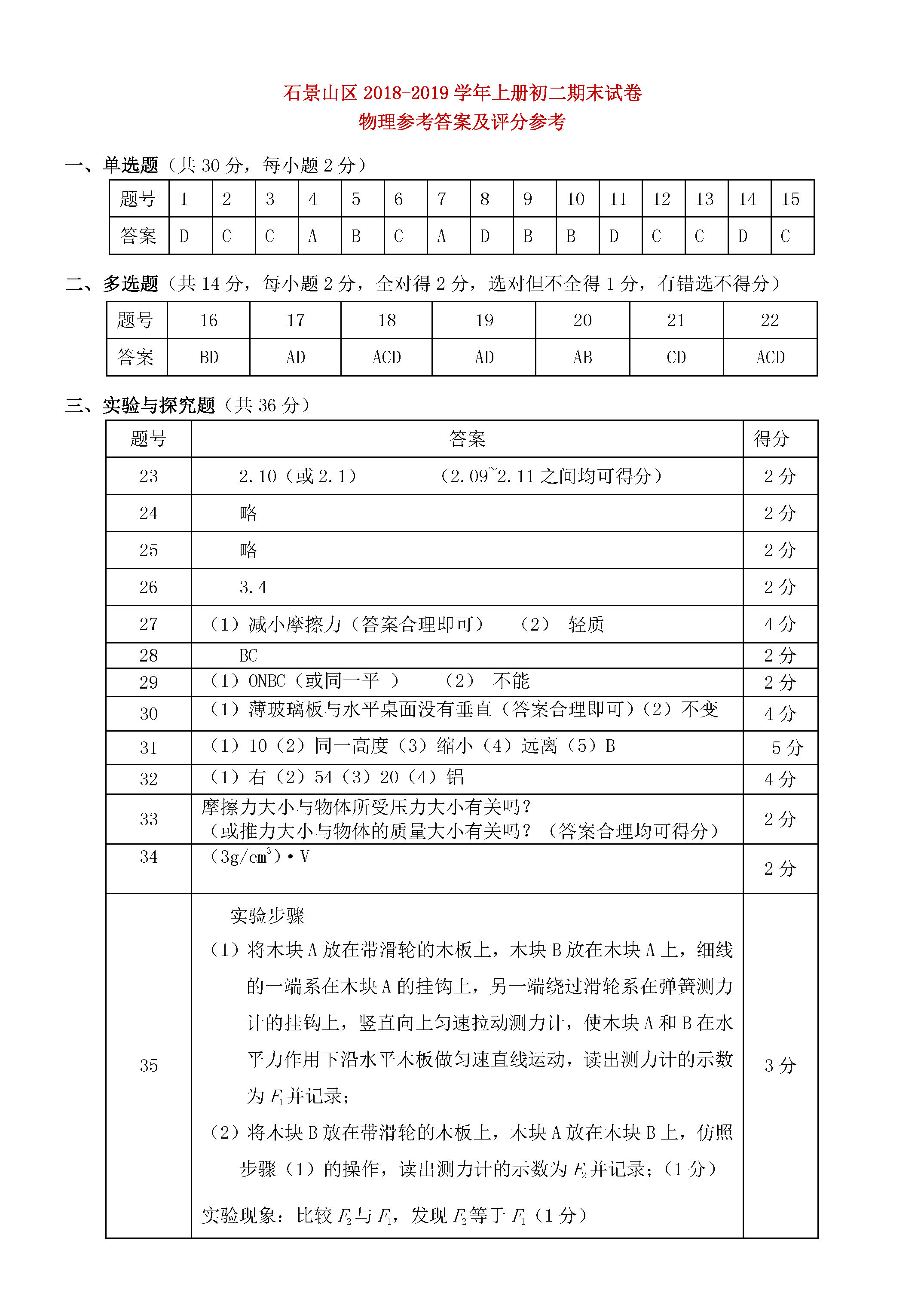 北京石景山区2018-2019八年级物理上册期末试题附答案