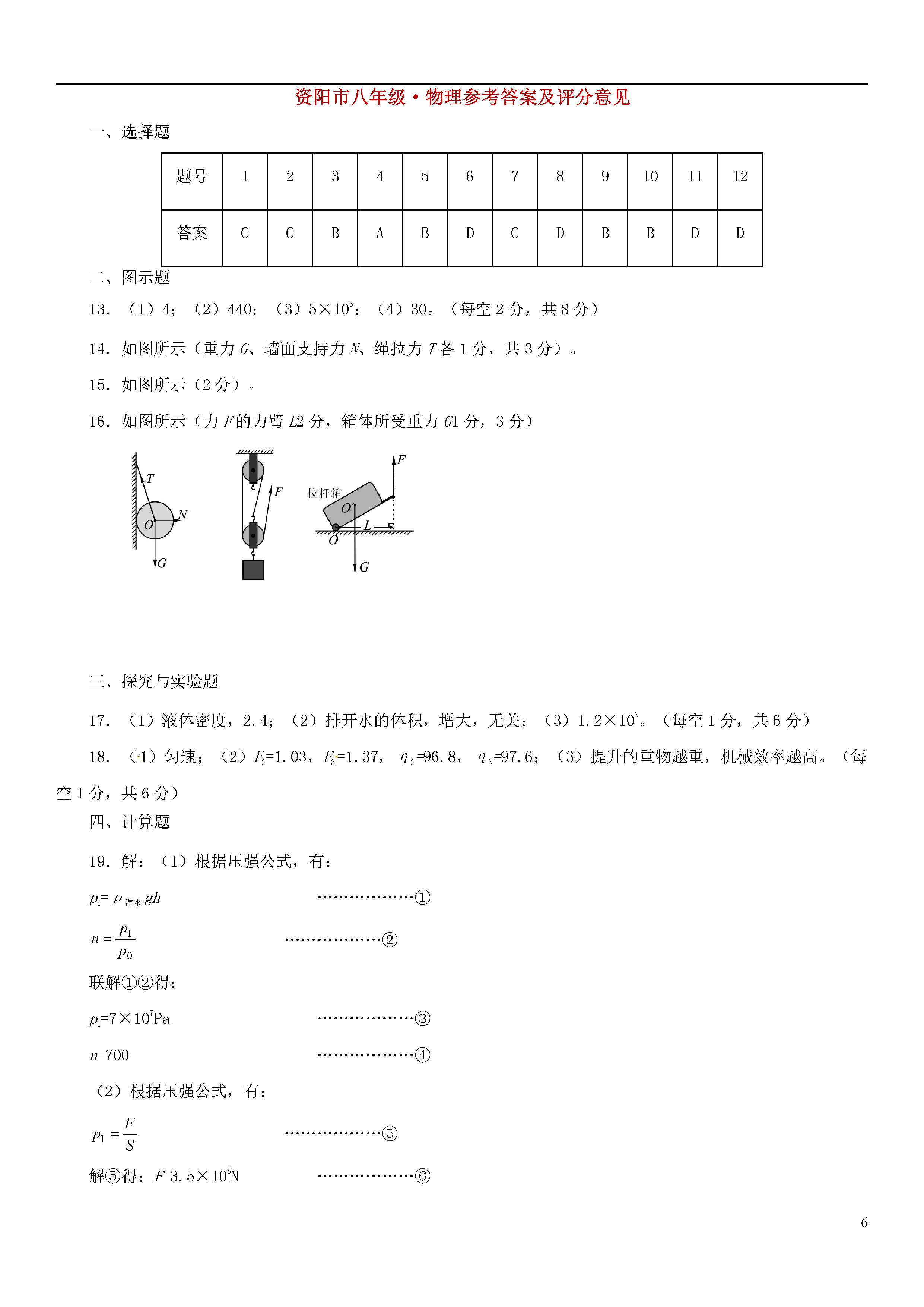 四川资阳市2018-2019八年级物理下册期末测试题含答案