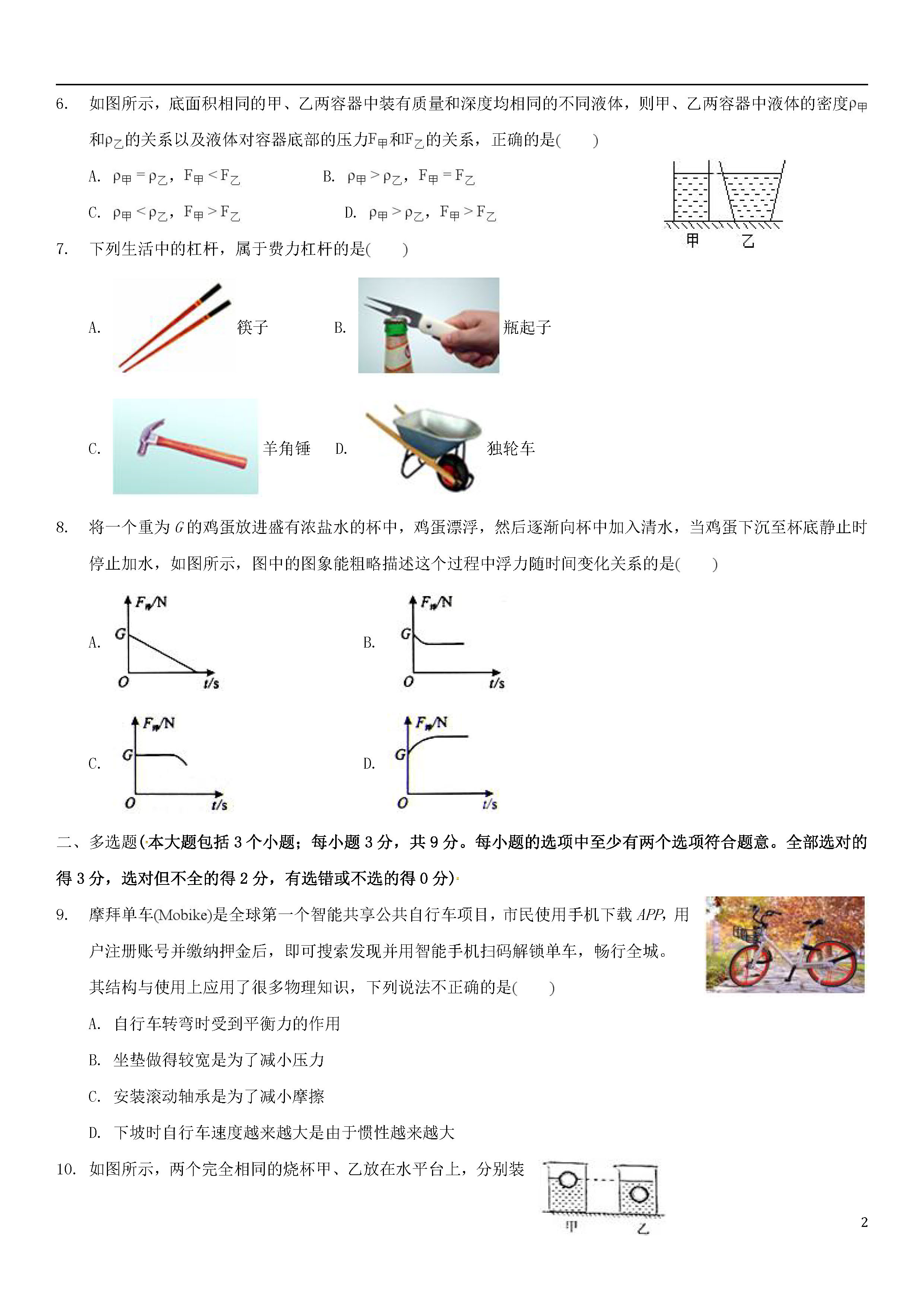 山东聊城茌平县2018-2019八年级物理下册期末测试题含答案