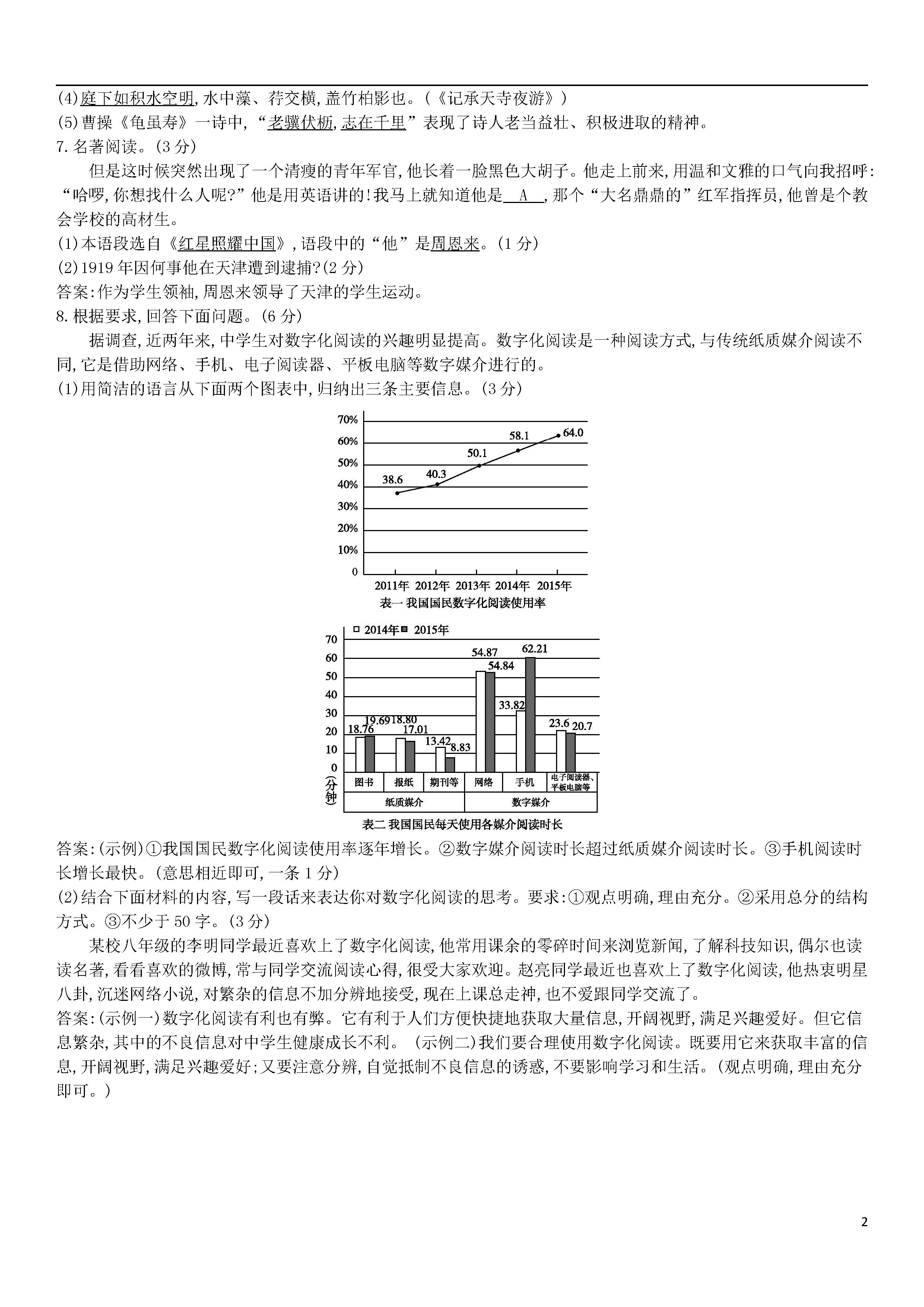 2018-2019八年级语文上册期中测试题无答案（部编人教版）