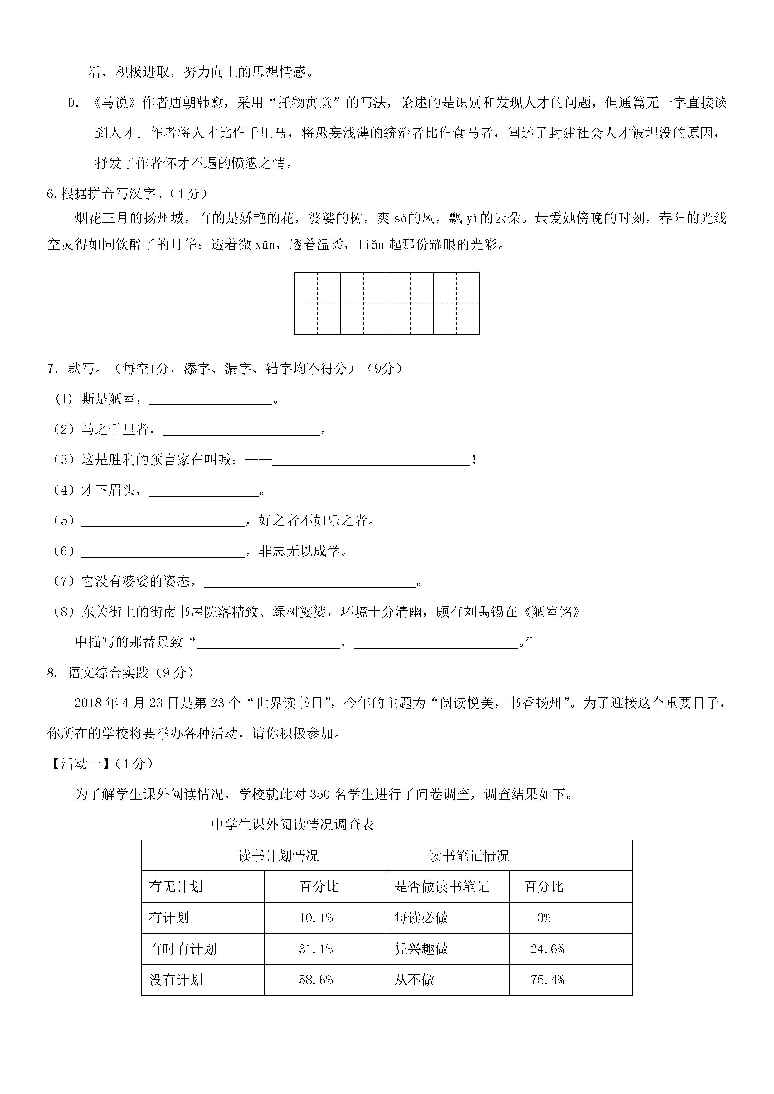 江苏省扬州市邵樊片2018-2019八年级语文下册月考试题及答案