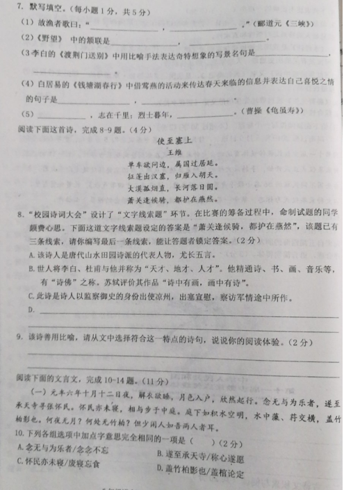 2019-2020济宁市嘉祥八年级语文上册期中试卷无答案（图片版）