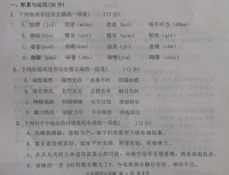 2019-2020山东滨州市八年级语文上册期中试卷含答案（图片版）