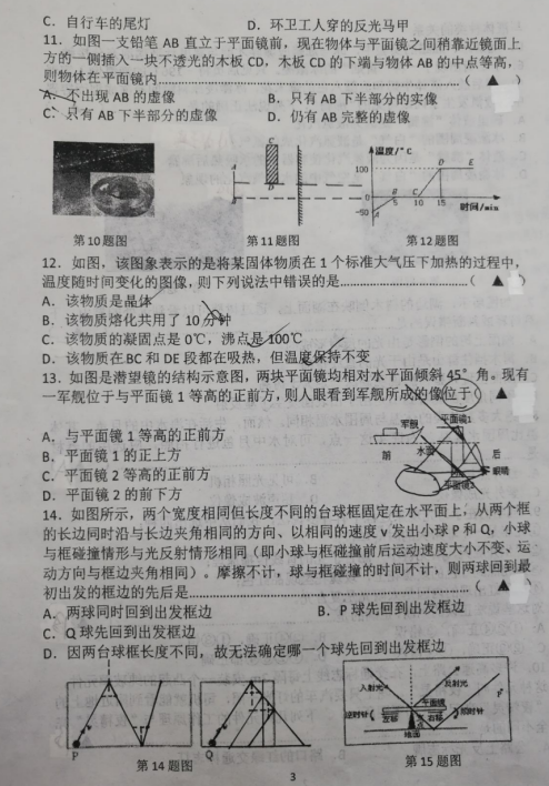 2019-2020江苏无锡锡北片八年级物理上册期中试卷无答案（图片版）