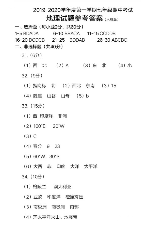 2019-2020七年级地理上册期中试题含答案（人教版）