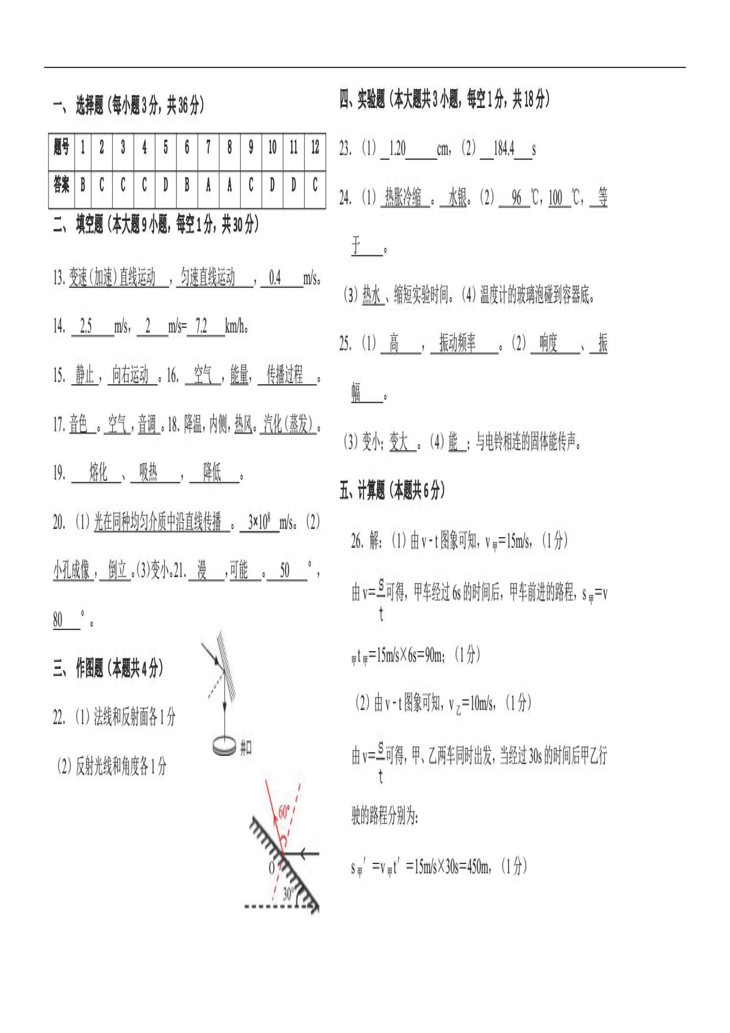 2019-2020广东韶关市曲江中学八年级物理上册期中试题无答案