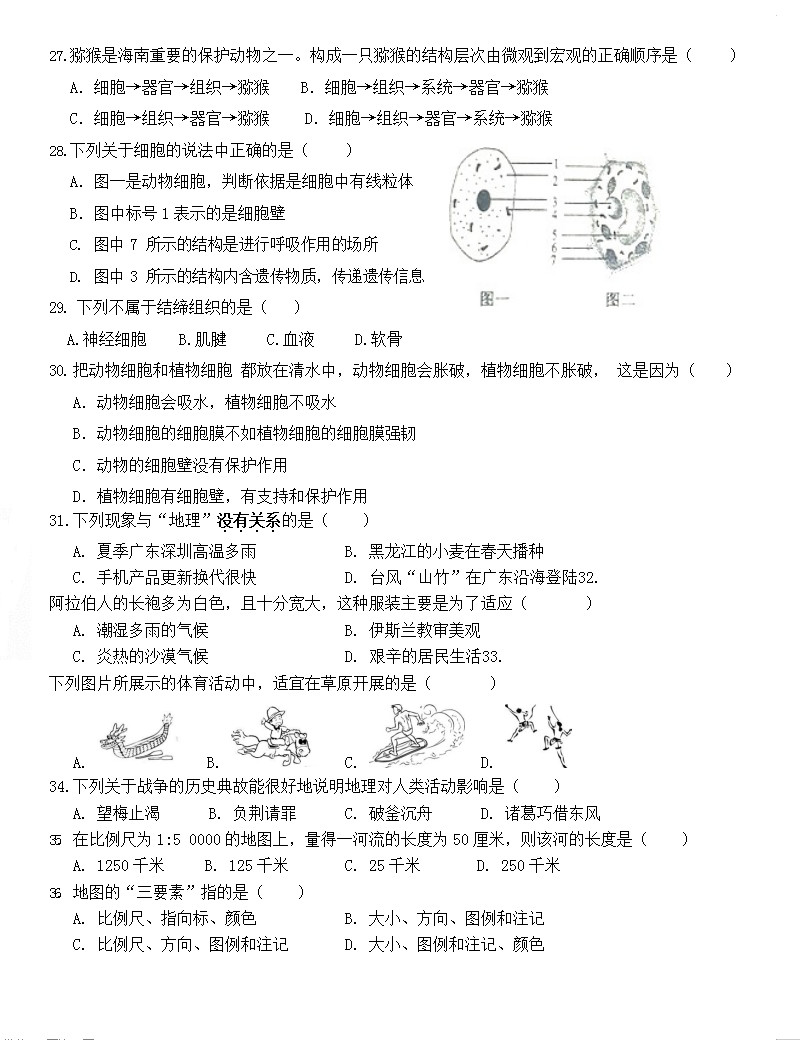 2019-2020深圳市龙岗区七年级地理上册期中试题无答案