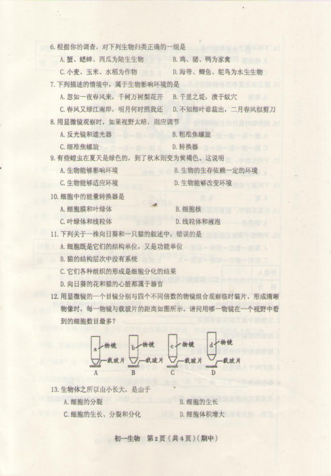 2019-2020山西侯马市五中七年级生物上册期中试题无答案（图片版）