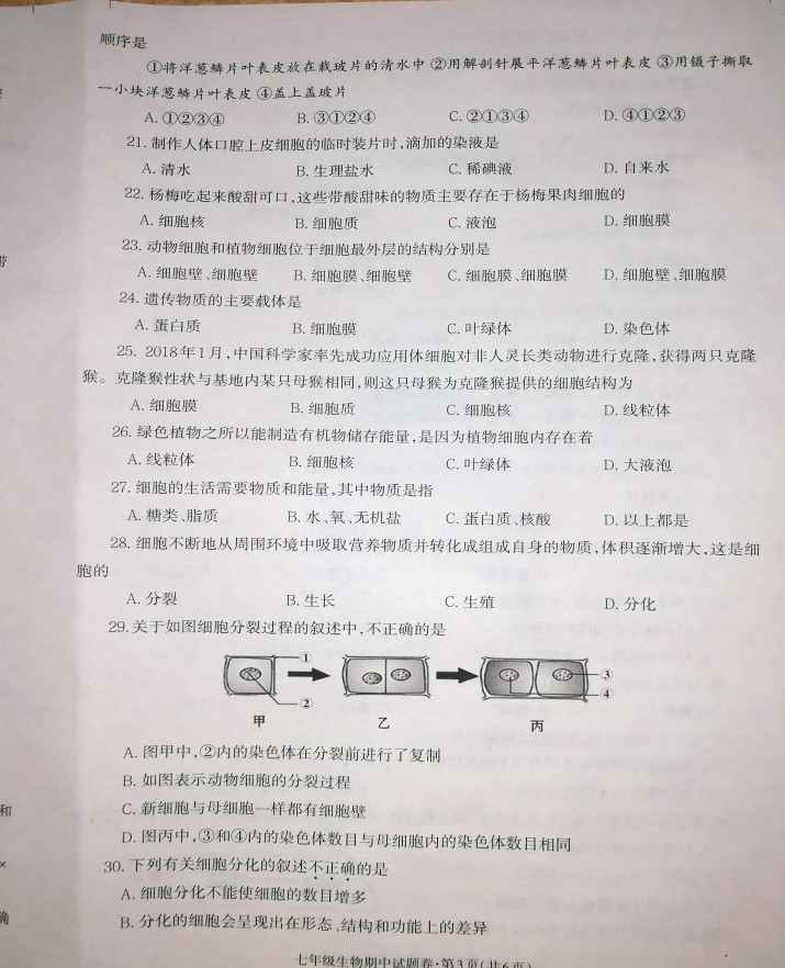 云南昭通市昭阳区2019-2020七年级生物上册期中试题含答案（图片版）