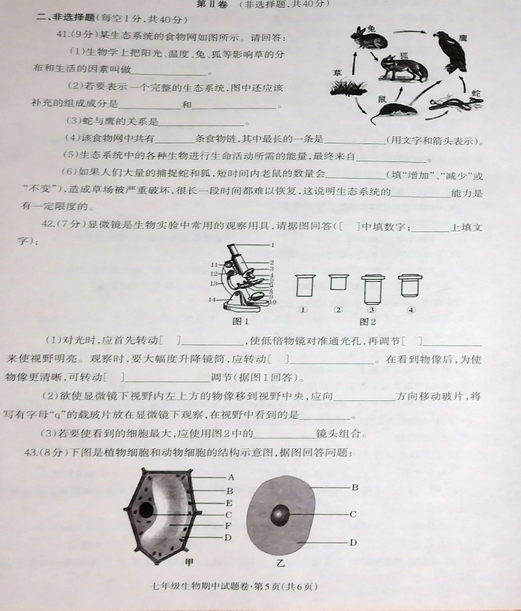 云南昭通市昭阳区2019-2020七年级生物上册期中试题含答案（图片版）