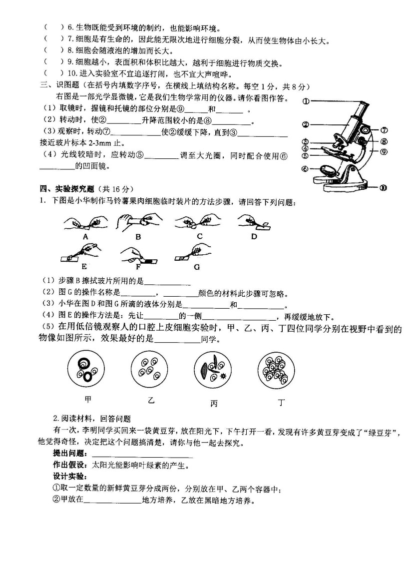 2019-2020广东省韶关市七年级生物上册期中试题含答案