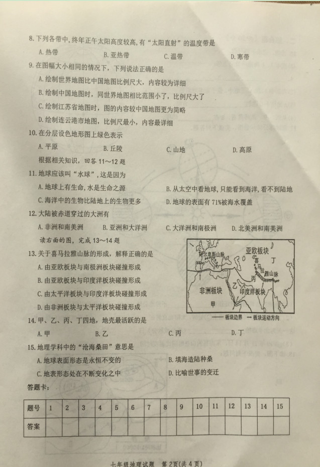 2019-2020江苏连云港市七年级地理上册期中试题含答案（图片版）