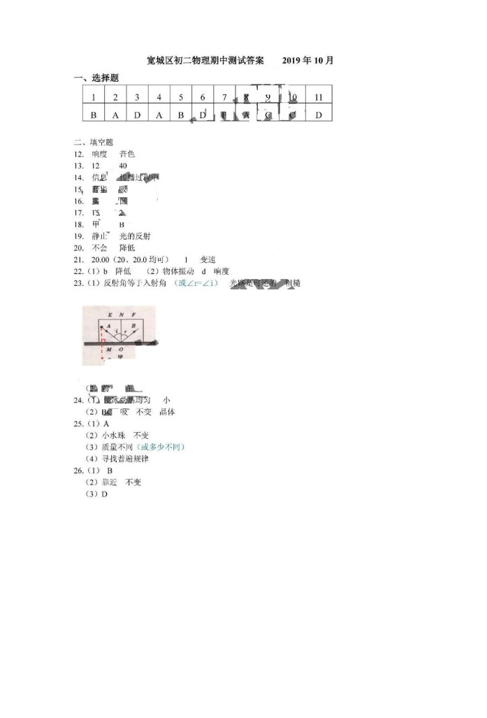 2019-2020长春市宽城区八年级物理上册期中试题含答案（图片版）