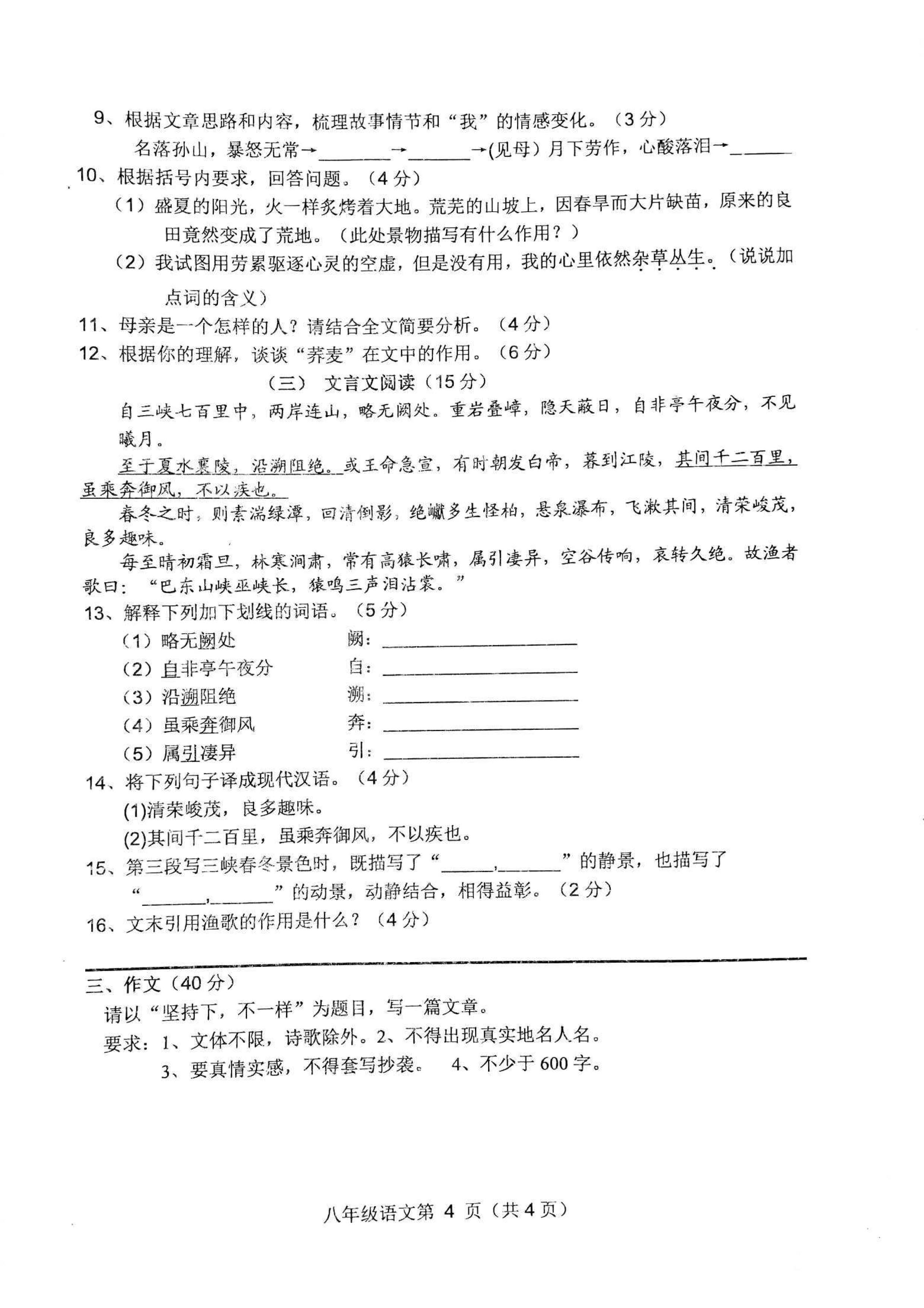 2019-2020安徽省宿州市八年级语文上册期中试题无答案