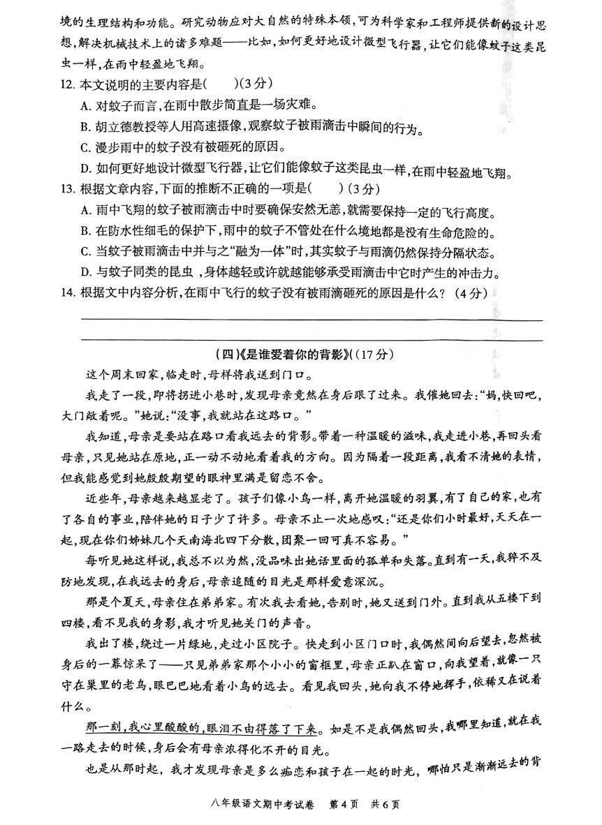 2019-2020广东省高州市八年级语文上册期中试题含答案