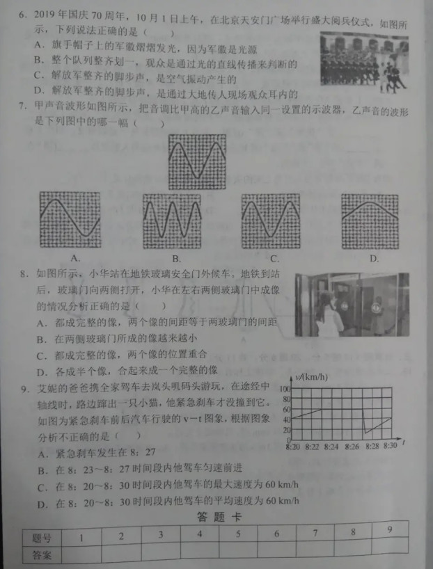 2019-2020湖北省黄冈市八年级物理上册期中试题无答案（图片版）