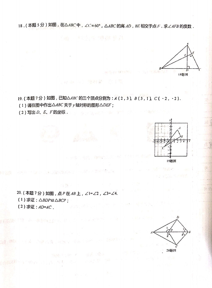 2019-2020甘肃甘南市八年级数学上册期中试题无答案（图片版）