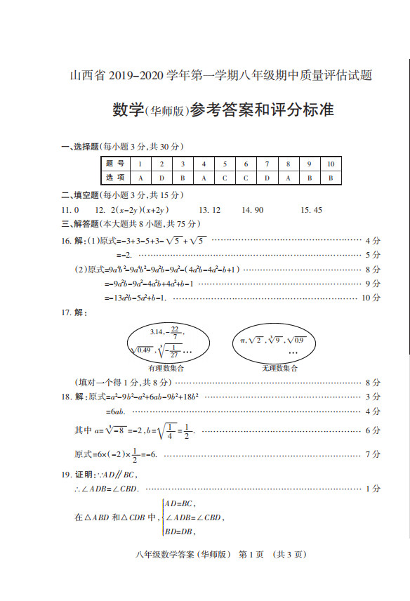 2019-2020山西太原市八年级数学上册期中试题含答案（图片版）