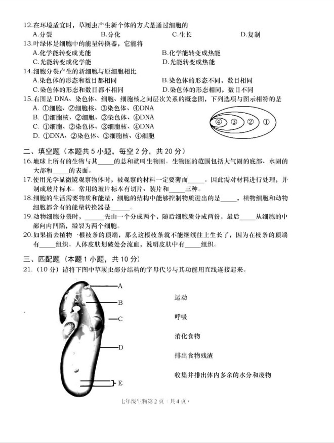 2019-2020辽宁大连市七年级生物上册期中试题无答案