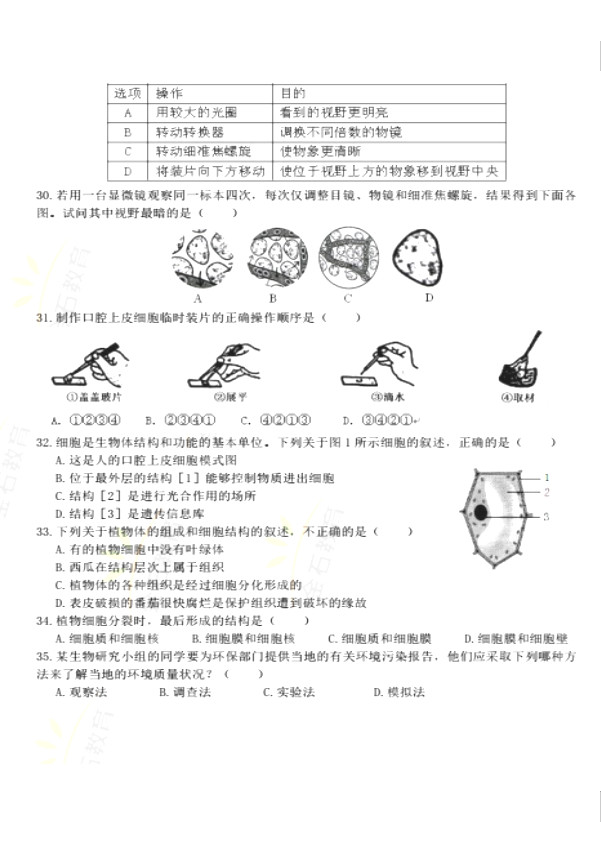 2019-2020山东青岛市七年级生物上册期中试题无答案