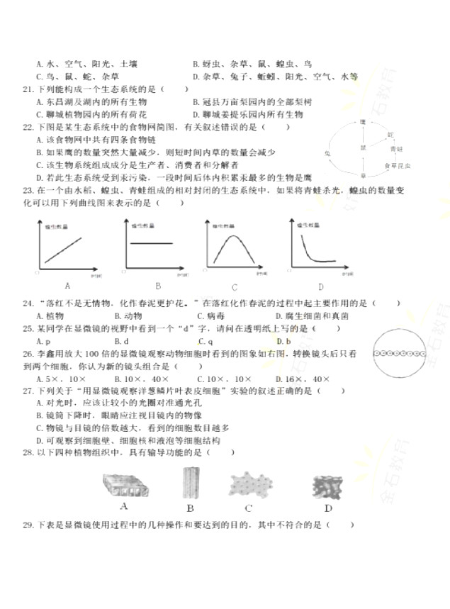 2019-2020山东青岛市七年级生物上册期中试题无答案