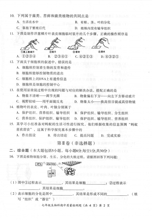 2019-2020广西防城港市七年级生物上册期中试题含答案